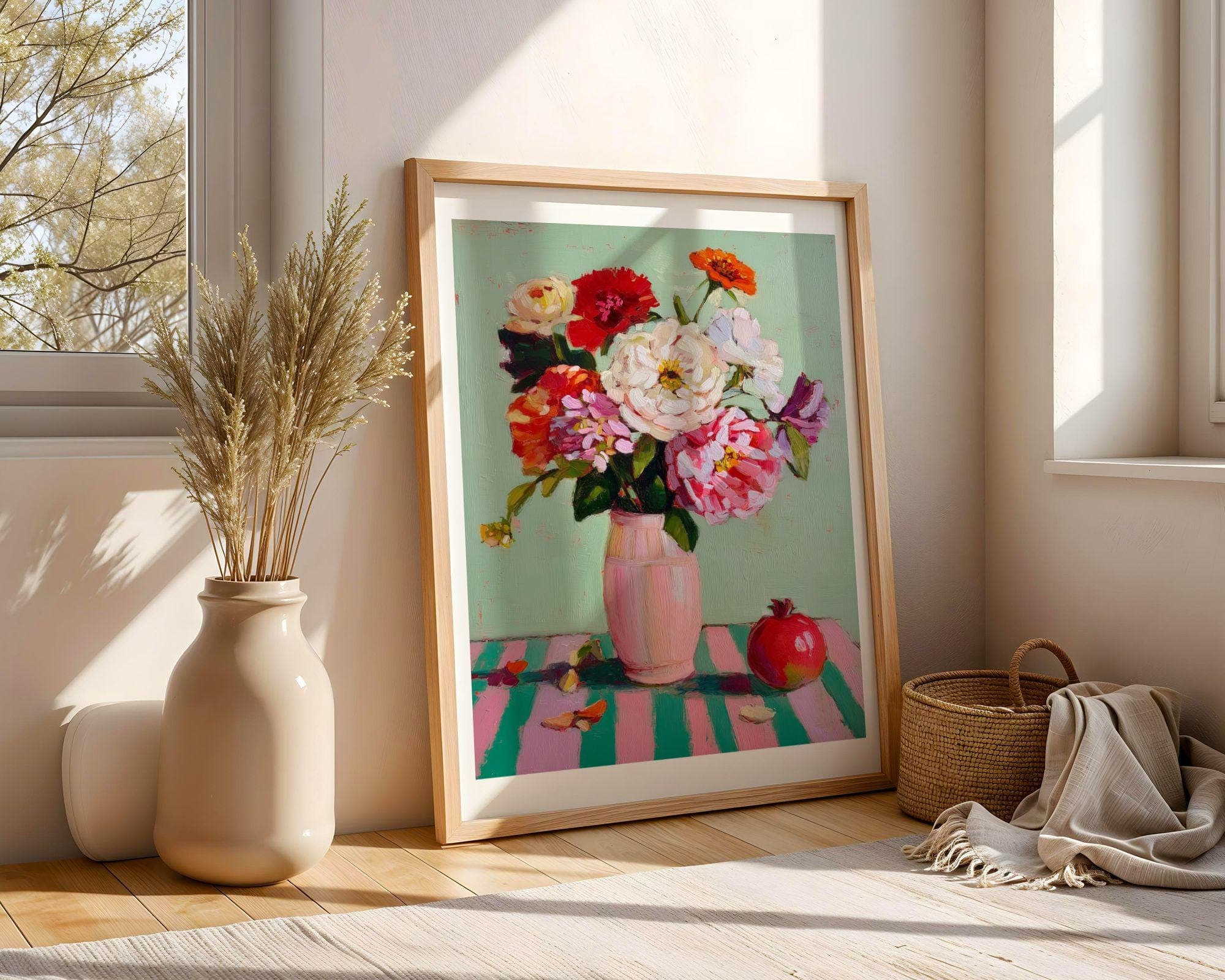 Colorful Floral Still Life Print – Pink Vase Bouquet, Mint Green Art for Kitchen, Colorful Floral Still Life Oil Painting Print, Flower Art - view 6