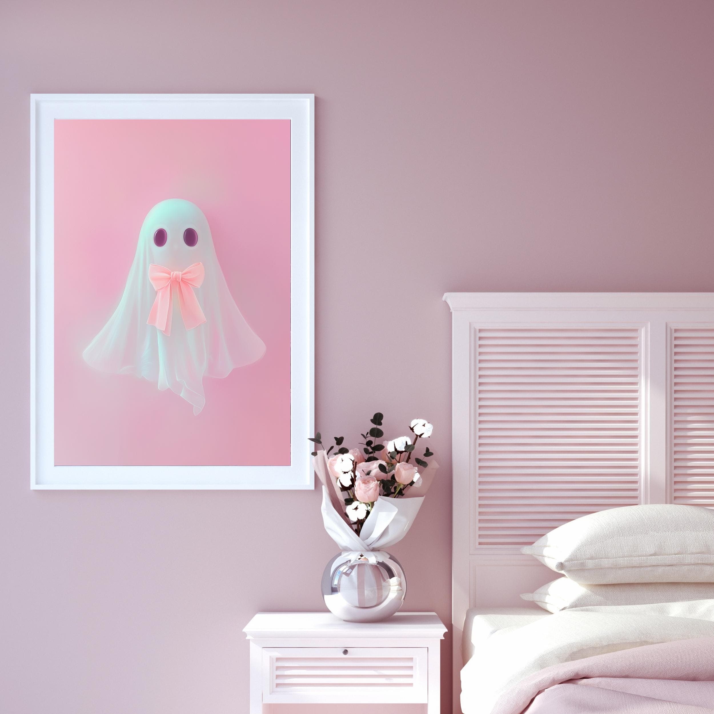 Pink Ghost Wall Art Print Pink Bow Ghost Printable Cute Ghost Painting Coquette Aesthetic Halloween Decor Preppy Trendy Girly Digital Art - view 2