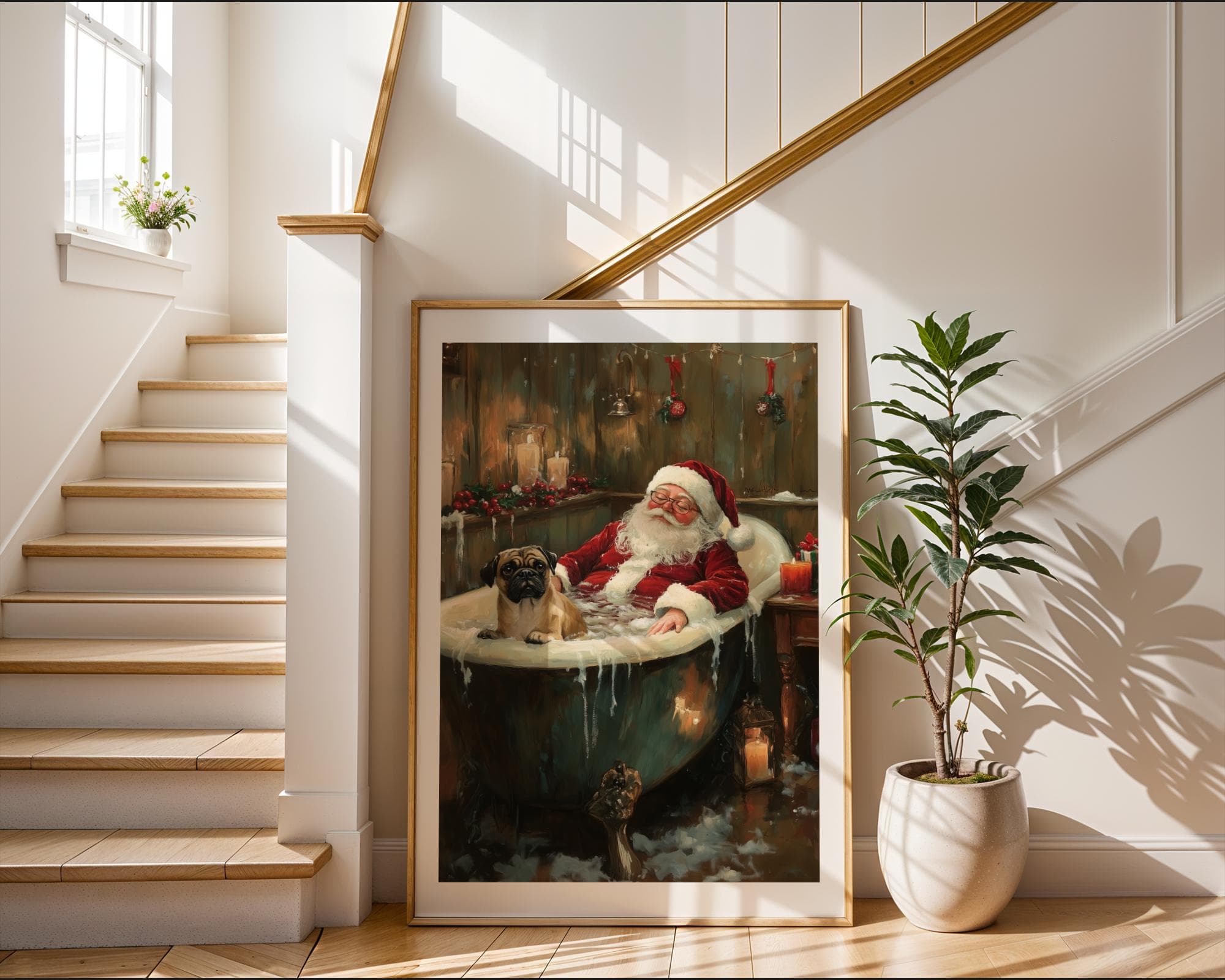 Santa Relaxing in Bathtub with Pug Christmas Art Print, Funny Santa Poster for Bathroom Wall, Maximalist Christmas Home Decor, Santa Pug Art - view 2