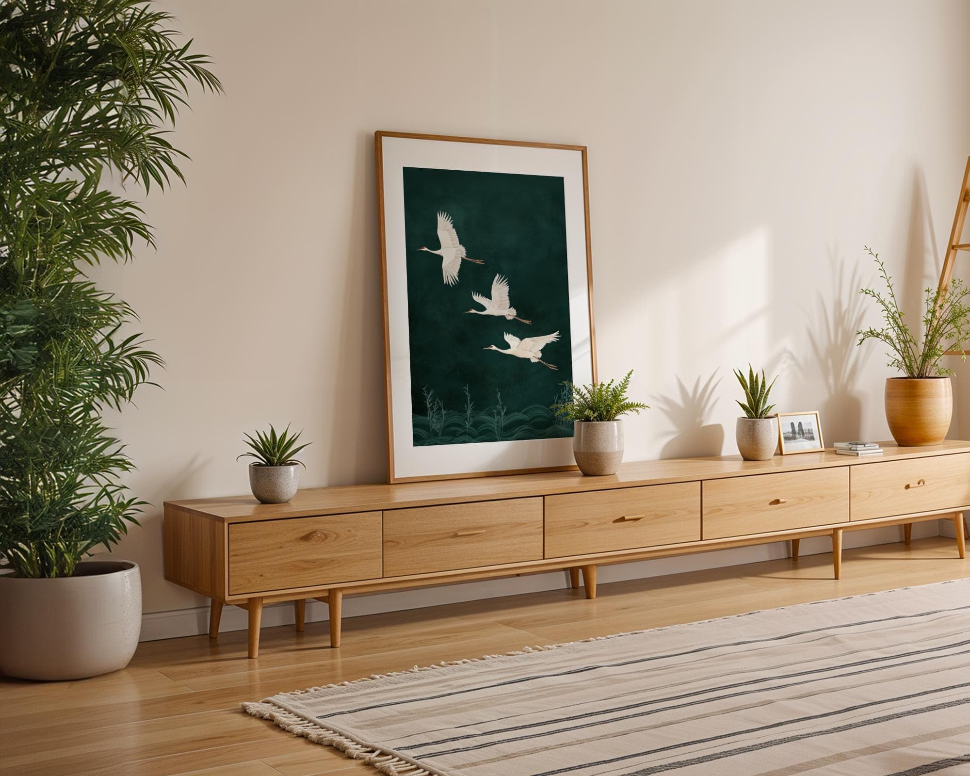 Japanese Cranes in Flight on Emerald Green, Japandi Digital Download, Emerald Art, Japandi Decor, Boho Bird Art, Wabi Sabi Wall Art - view 5