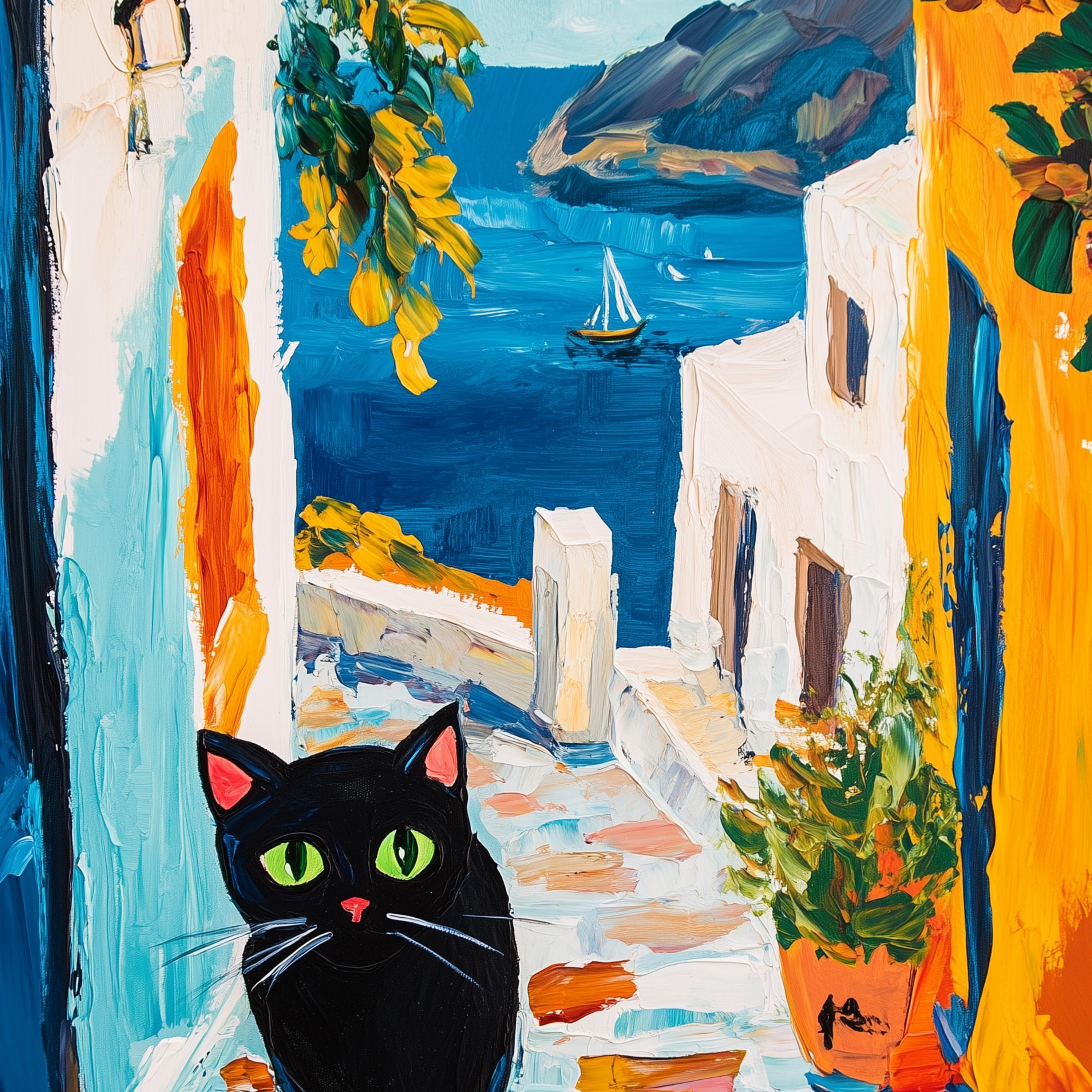 Santorini Cat Art Print, Greek Island Illustration, Travel Art, Greek Islands Wall Art, Cat Wall Art, Colorful Vibrant Housewarming Gift - view 2