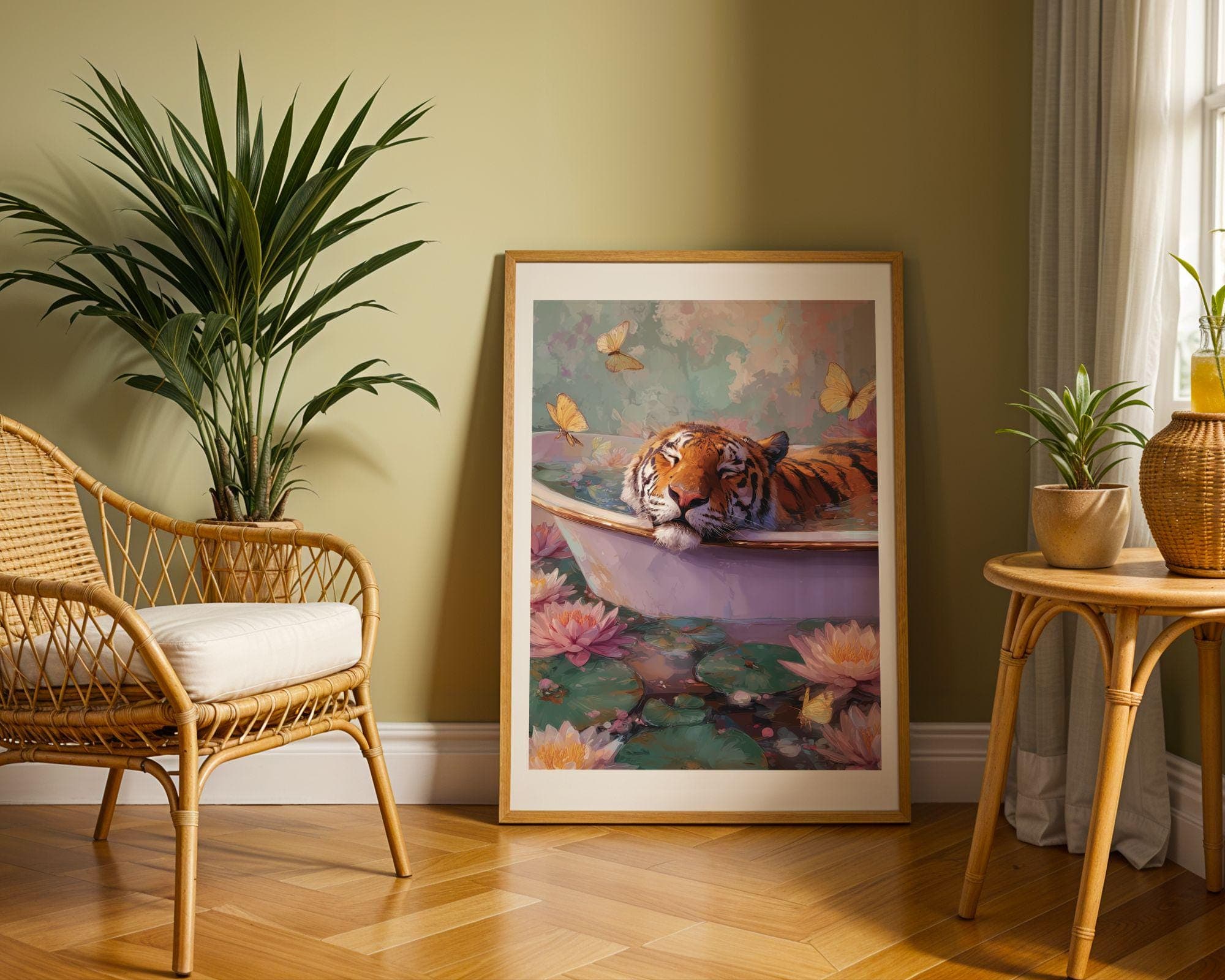Tiger in Bathtub Wall Art, Trendy Tiger Wall Art, Maximalist Poster, Eclectic Prints, Whimsical Animal Wall Print, Botanical Animal Art - view 7