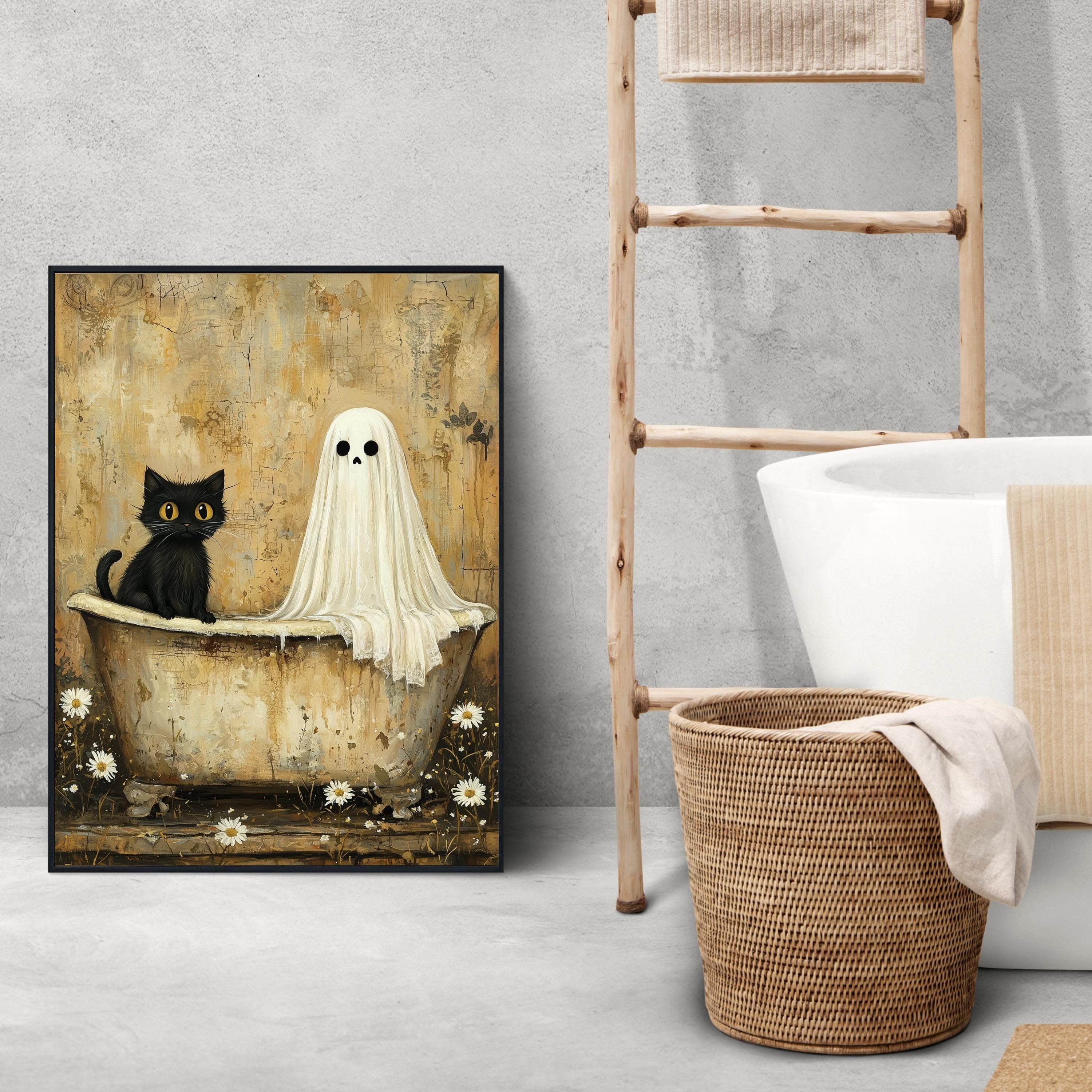 Ghost and black Cat in Bathtub, Spooky Romantic Halloween Art, Black Cat Print, Whimsigoth Bathroom Decor, Whimsical Spooky Digital Print - view 3