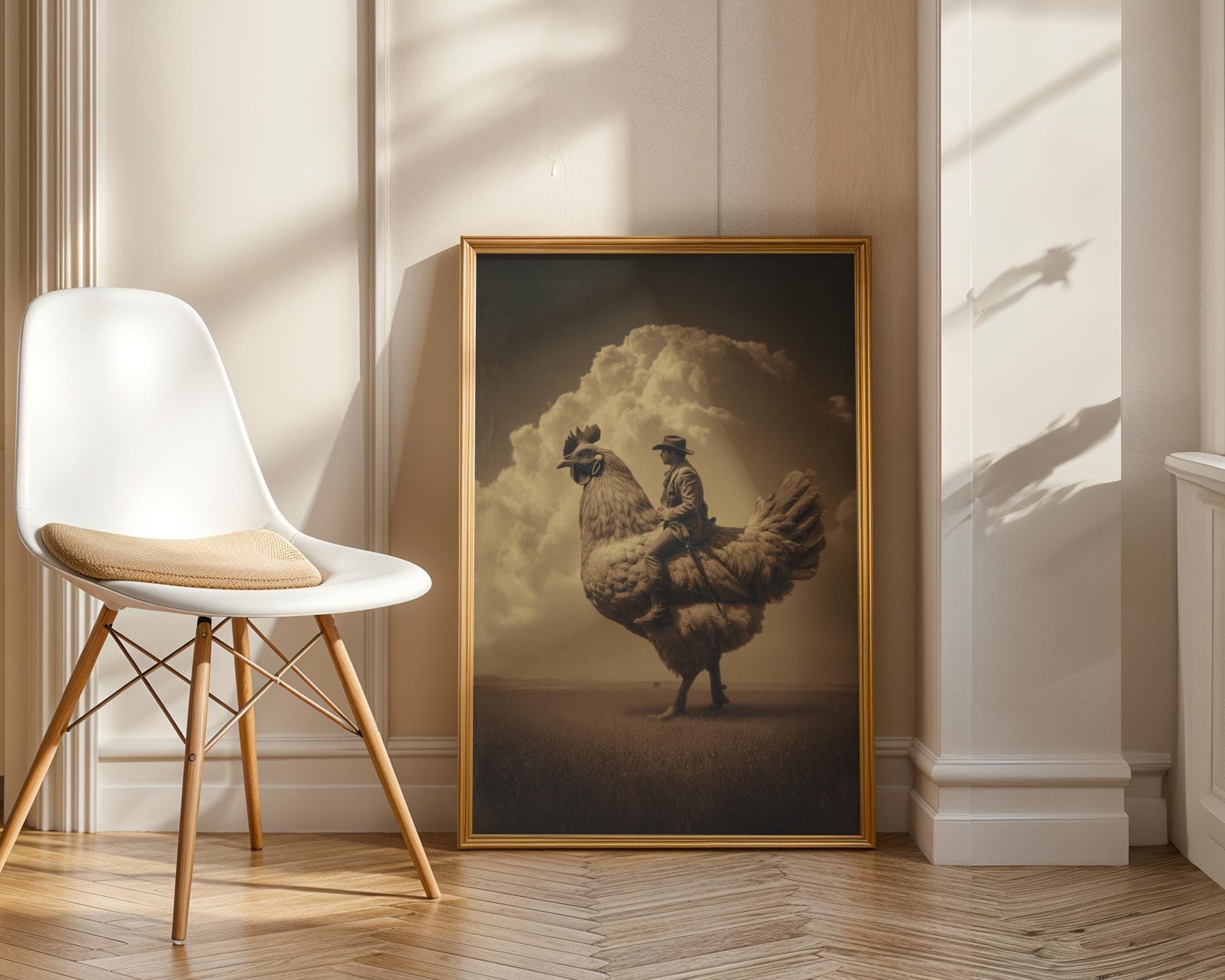 Surreal Western Fantasy Animal Print, Retro Sepia Western Animal Art, Whimsical Chicken Rider Wall Print, Cowboy Fantasy Art, Western Print - view 6
