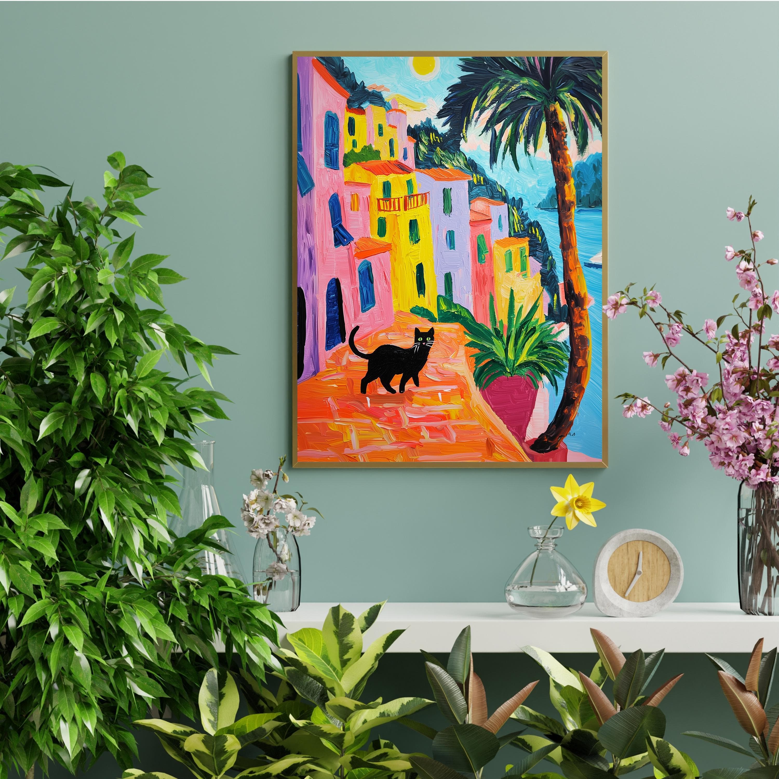 Portofino Print, Cat Print, Beachy Wall Art, Coastal Wall Art, Oil Painting Printable Wall Art, Cat Painting Summer Decor Nautical Wall Art - view 6
