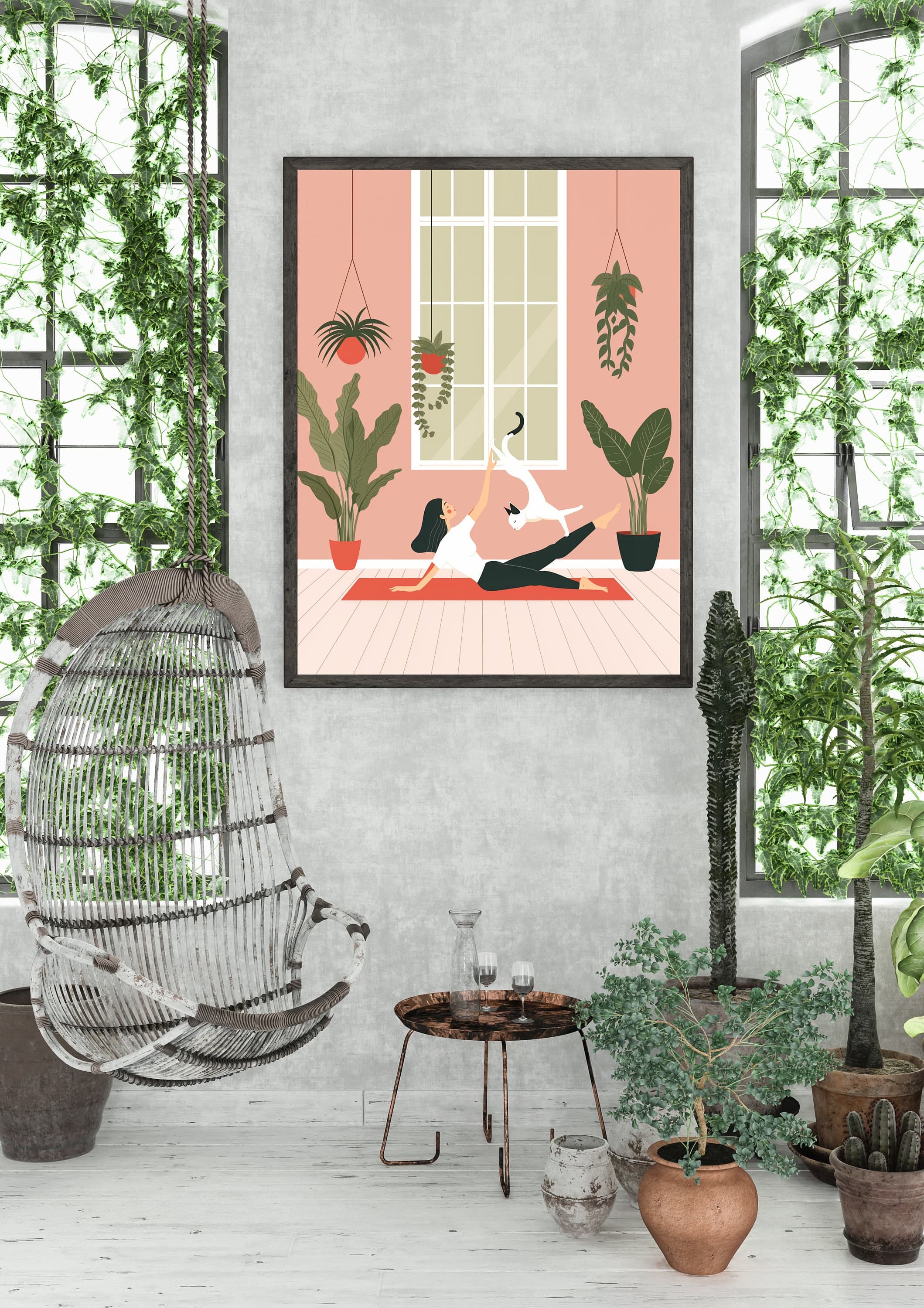 Yoga Cat and Woman Print, Cat Yoga Print, White Cat Art, Yoga Room Decor, Yoga Lover,Serene Yoga Meditation Art Print, International Cat Day - view 3