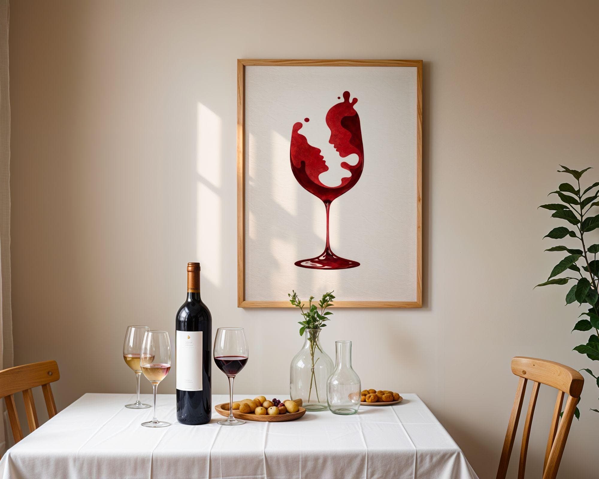 Red Wine Glass Wall Art Print, Romantic Couple Face Abstract Poster, Modern Dining Room Bar Decor, Minimalist Love Art, Bar Cart Decor - view 4