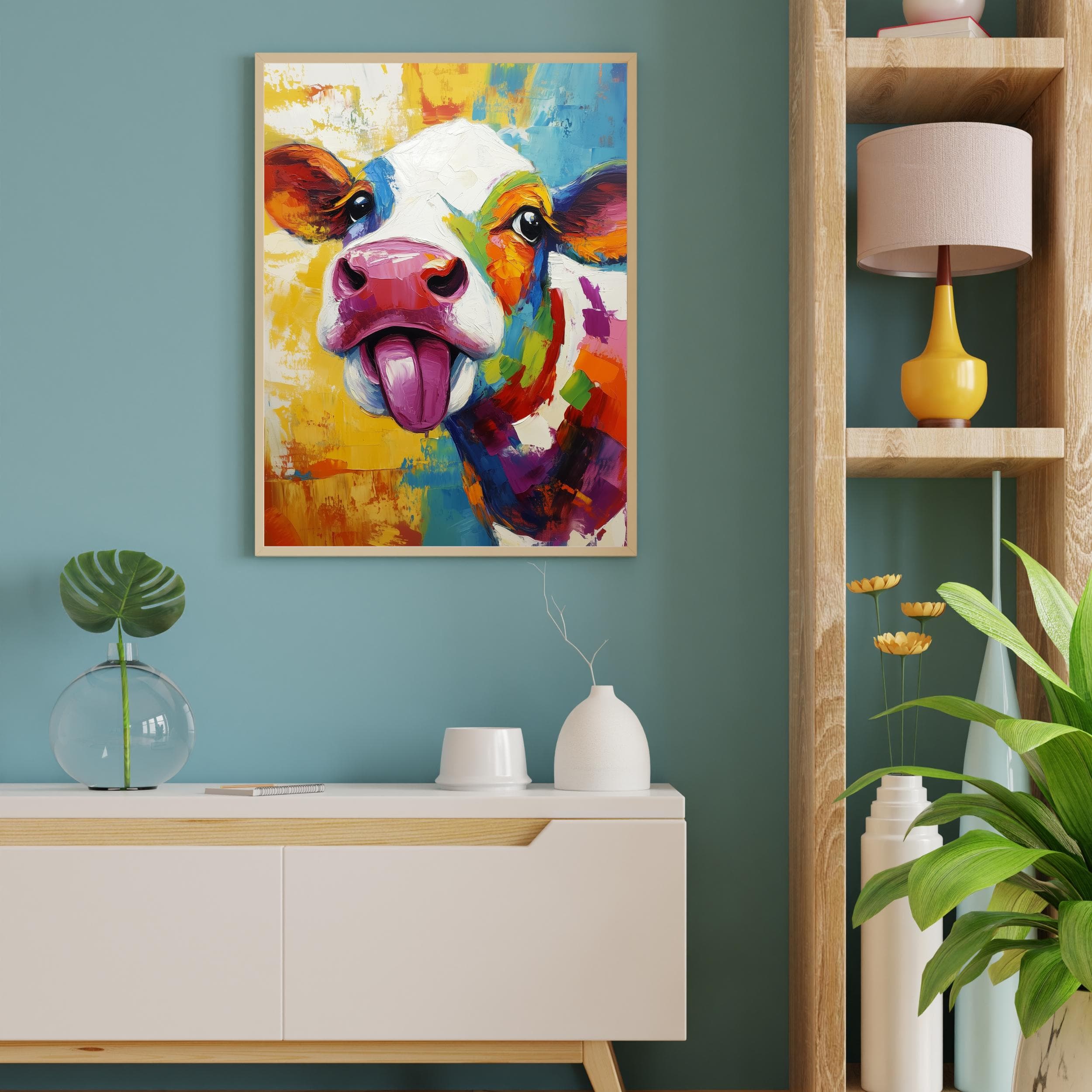 Colorful Bull Painting, Playful Bull with Tongue Out, Abstract Bull Painting, Colorful Pop Art Cow, Digital Bull Wall Art, Colorful Pop Art - view 7