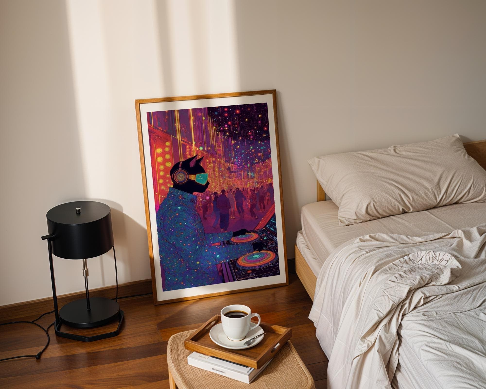 Cyberpunk Cat DJ Wall Art, Neon Futuristic Music Print for Gaming Rooms, Digital Download, Furry DJ Cat Art, Techno Cat DJ Poster, Cat Art - view 2