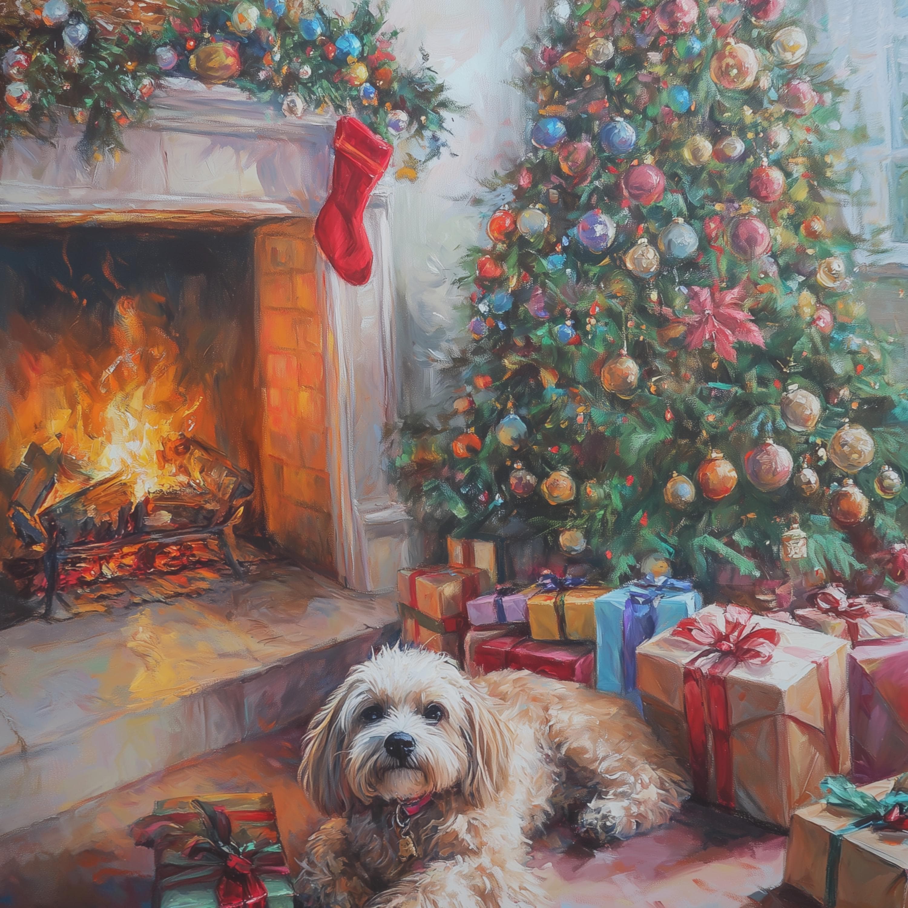Festive Christmas Dog Painting, Rustic Christmas Wall Art, Warm Christmas Print, Festive Fireplace Art, Digital Download, Dog Christmas Art - view 2