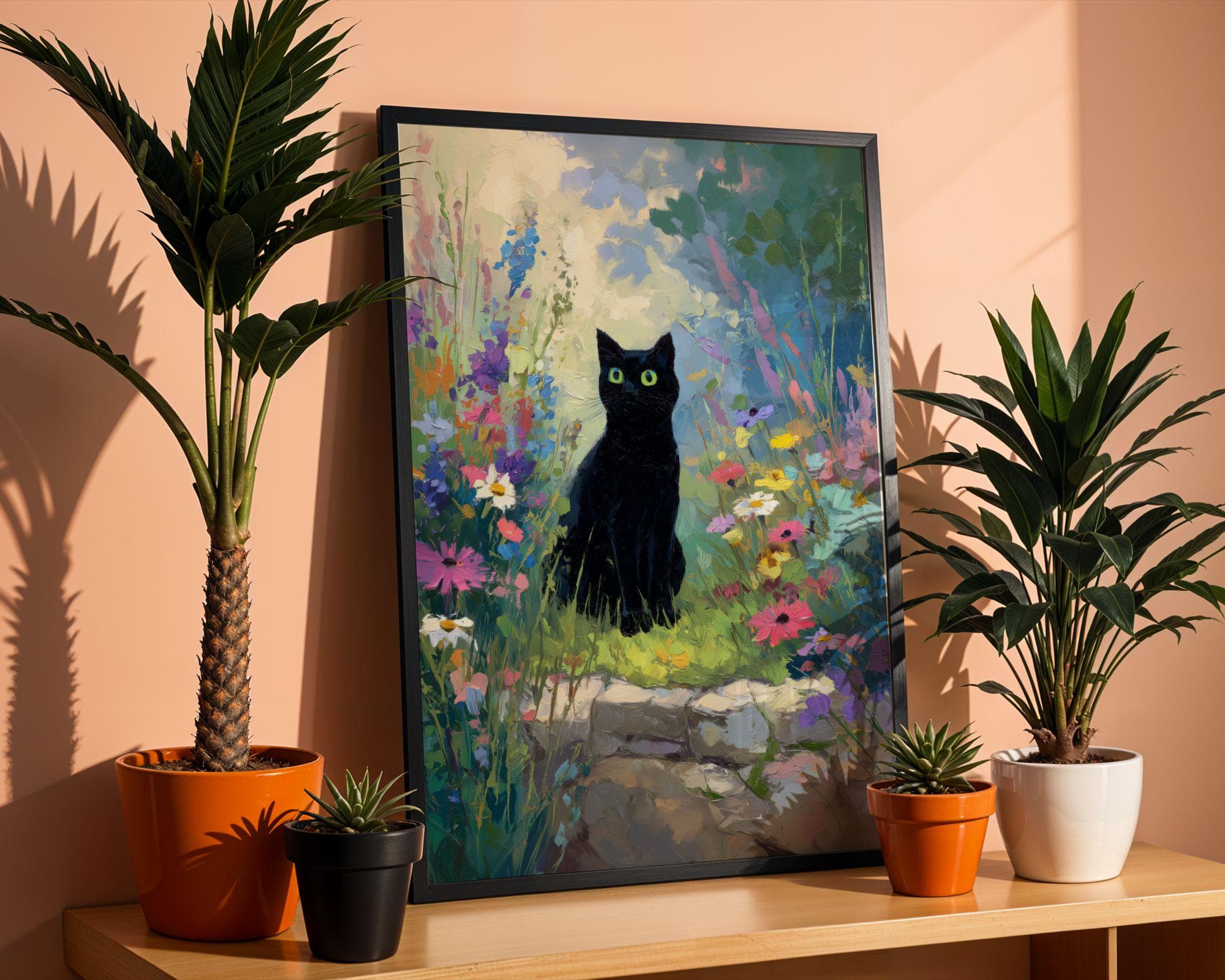 Black Cat in Wildflower Garden Wall Art, Whimsical Black Cat Poster, OilPaint Print, Colorful Floral Decor, Black Cat Aesthetic,Charming Cat - view 2