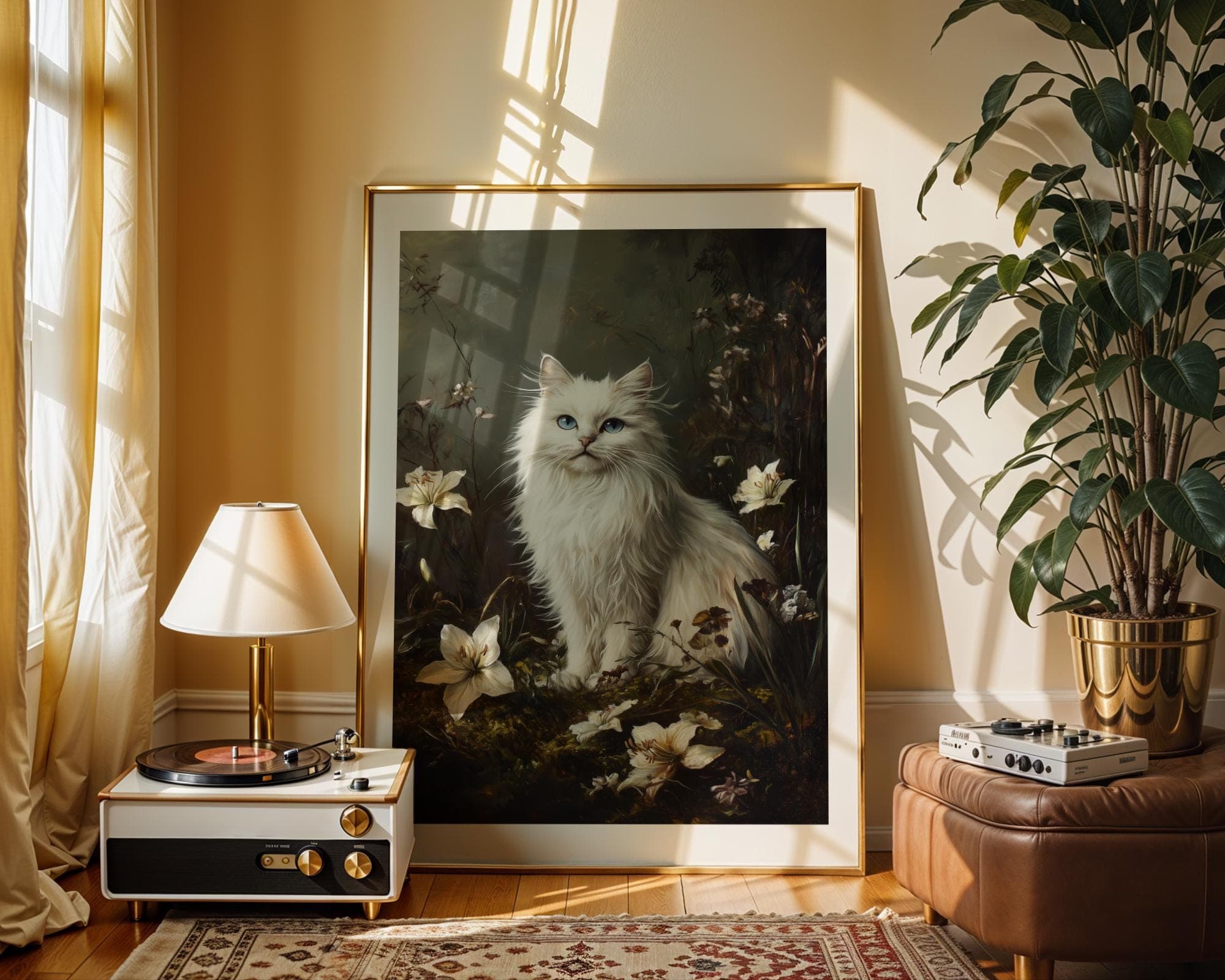 Botanical Cat Art, Floral White cat print, flower cat vintage poster, White Cat Floral Print, Cottagecore Cat Art, Digital Download - view 4
