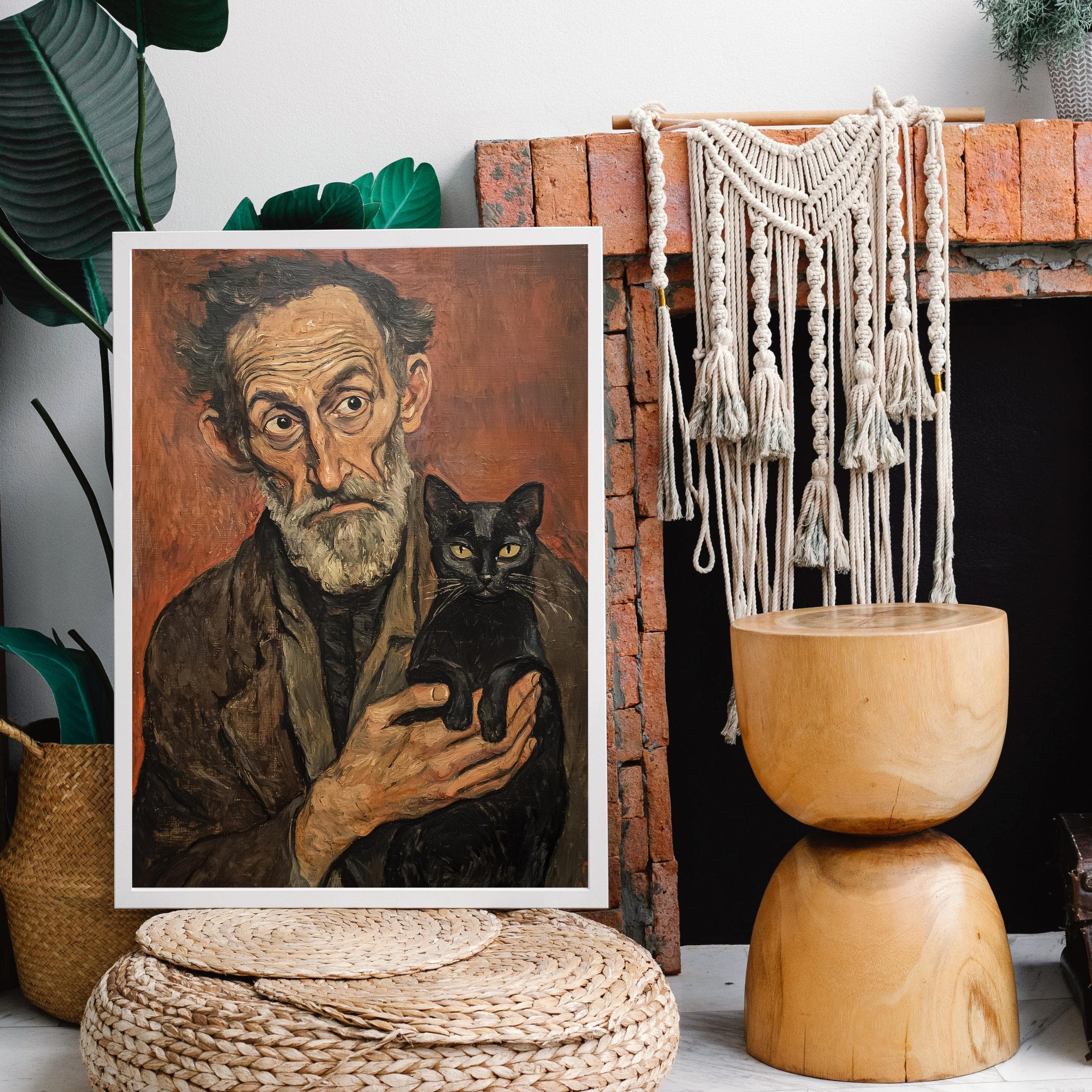 Vintage Oil Painting – Old Man and Black Cat Portrait, Rustic Oil Art Poster, Oil Painting Print, Antique Oil Art Print, Vintage Style Art - view 3
