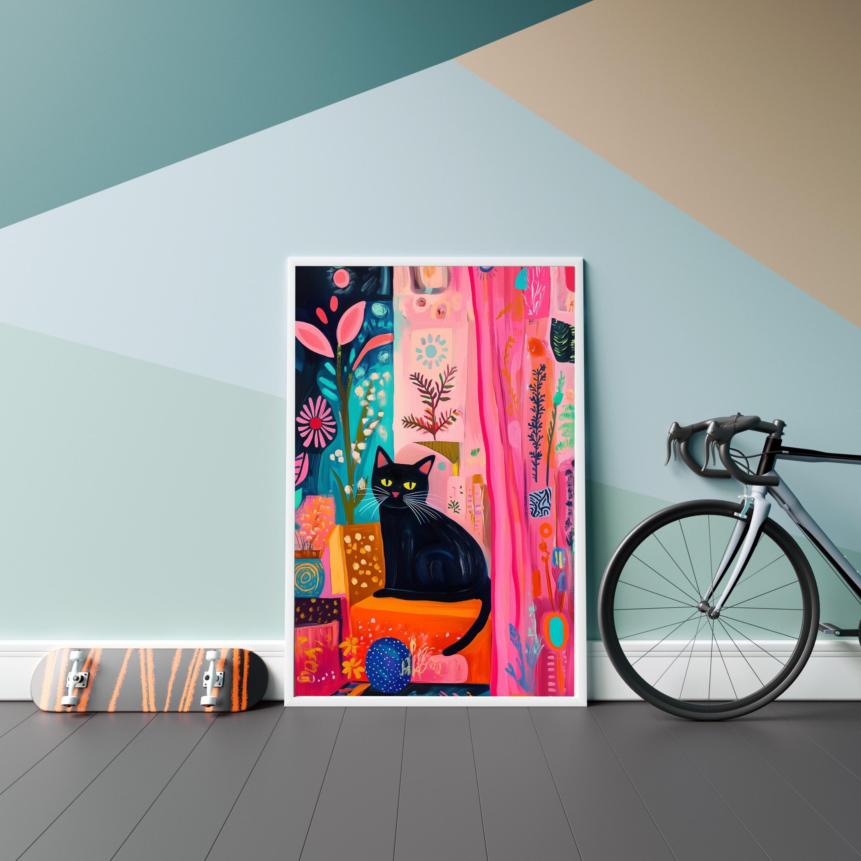 Black Cat with Bright Florals Poster, Pink and Teal Art Print, Colorful Black Cat Art, Preppy Room Decor, Abstract Black Cat Poster - view 6