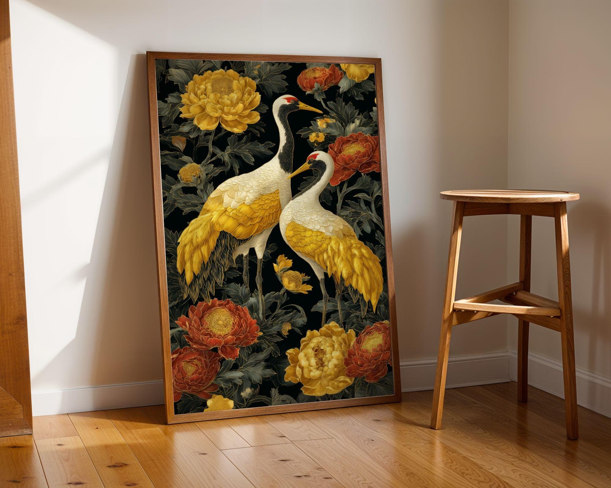 Gold Crane Wall Art Black Floral Painting, Japanese Crane Wall Art, Gold Bird Painting, Oriental Floral Artwork, Asian Decor Print - view 3