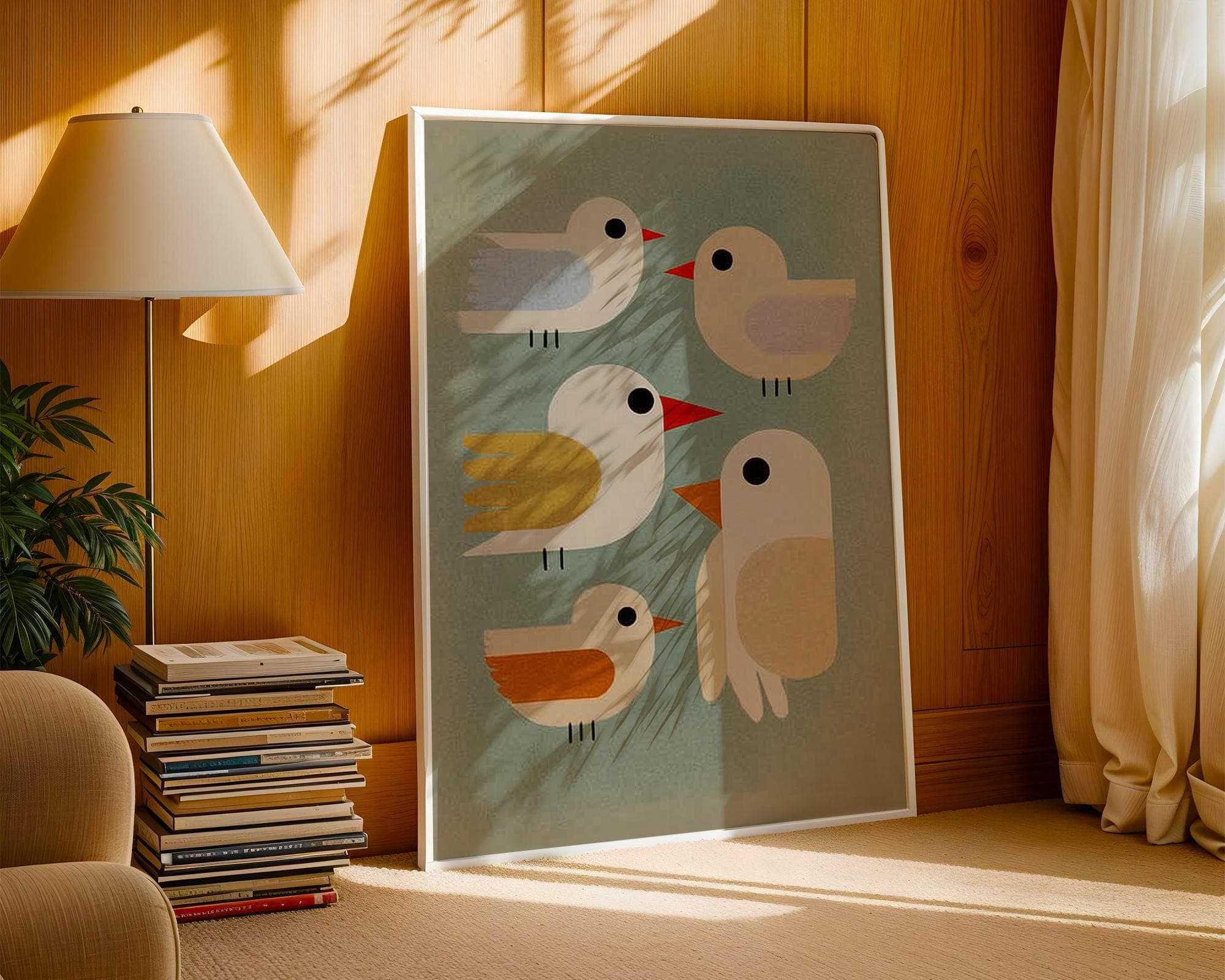 Colorful Minimal Bird Print, Mid Century Modern Bird Wall Art, Retro Minimalist Birds Print on Blue, Scandinavian Nursery Decor, Bird Print - view 2