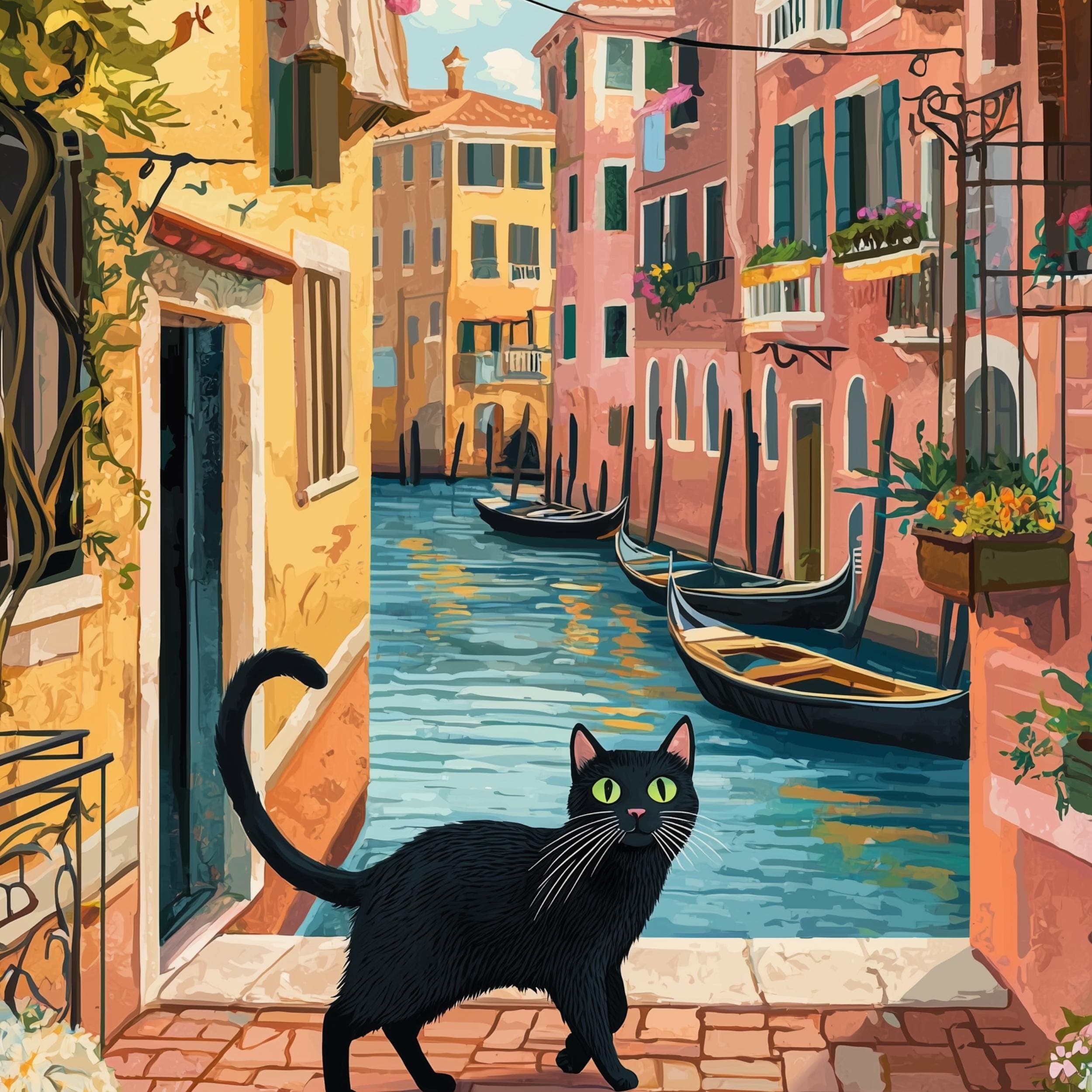 Venice Print, Venice Poster, Venice Wall Art, Venice Black Cat Poster, Colorful Black Cat Venice Wall Art, Italy Wall Art, Eclectic Cat Art - view 2