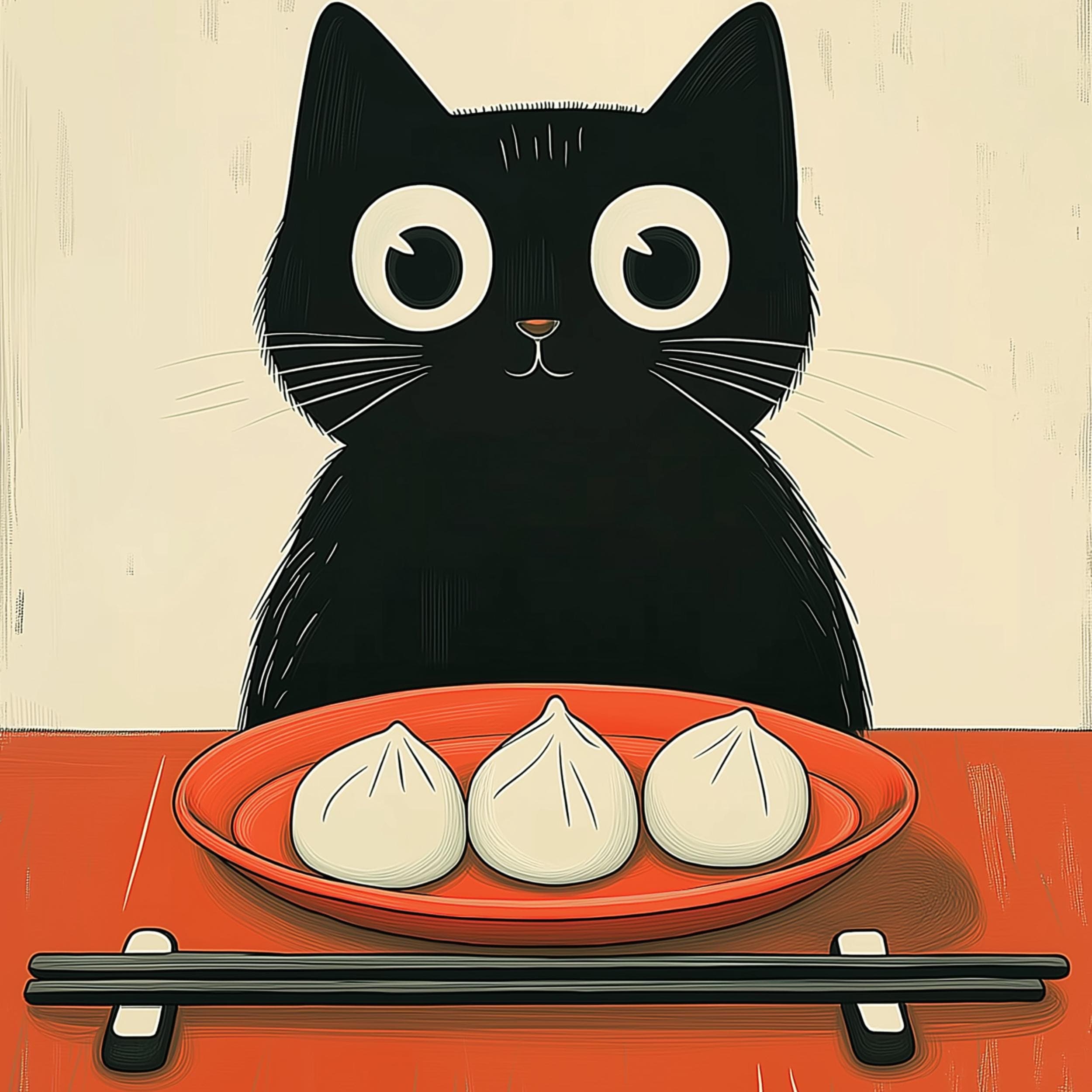 Japan Cat Illustration Print, Cute Kitchen Decor, Cat Poster, Wall Art, Printable, Minimalist Art Print, Cute Food Wall Art, Dumpling Art - view 2