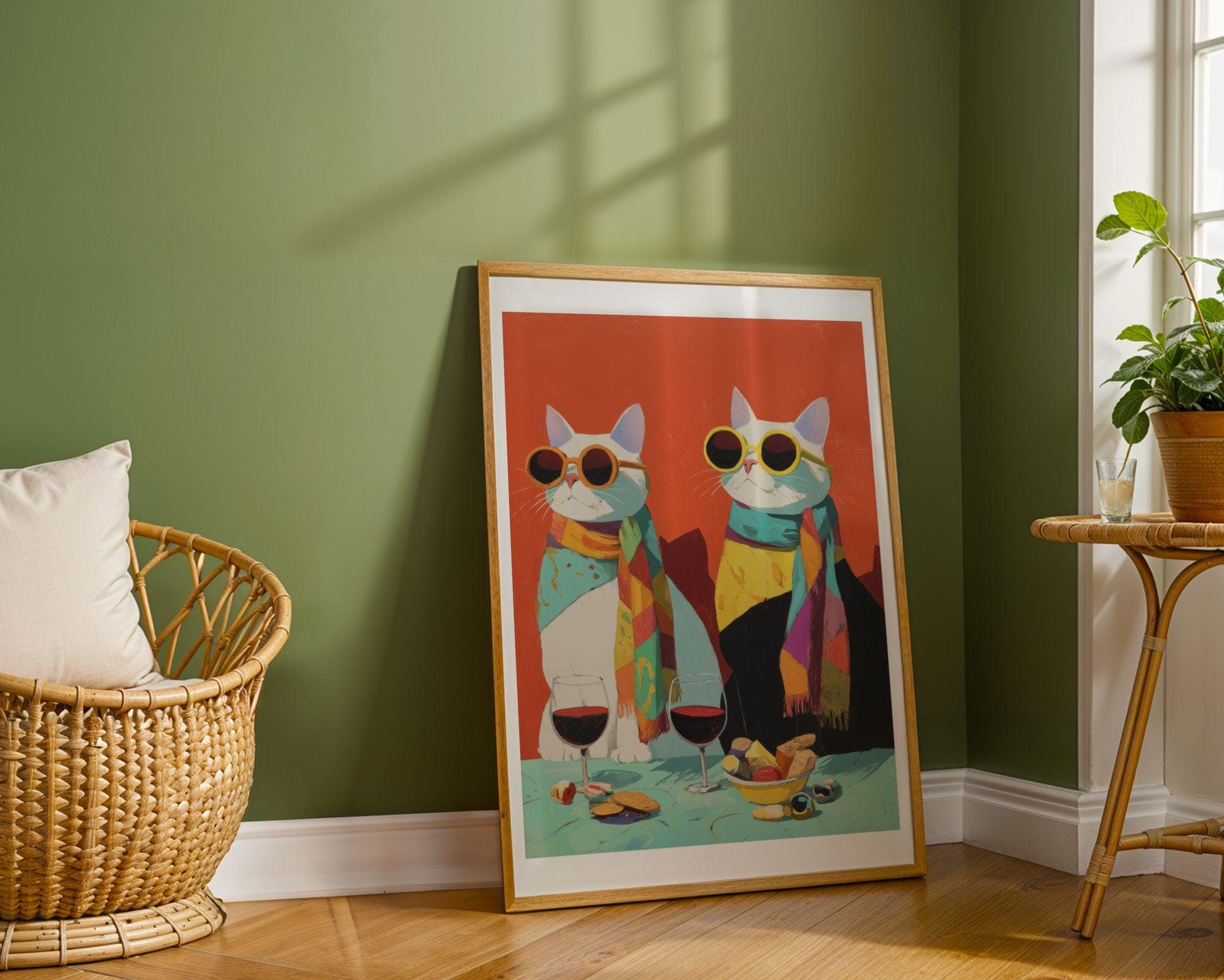 Funny Cat Couple Wine Wall Art, Modern Cat Couple Wall Decor, Quirky Cat Kitchen Wall Art, Funky Cats Kitchen Decor, Hipster Cats Wine Art - view 3