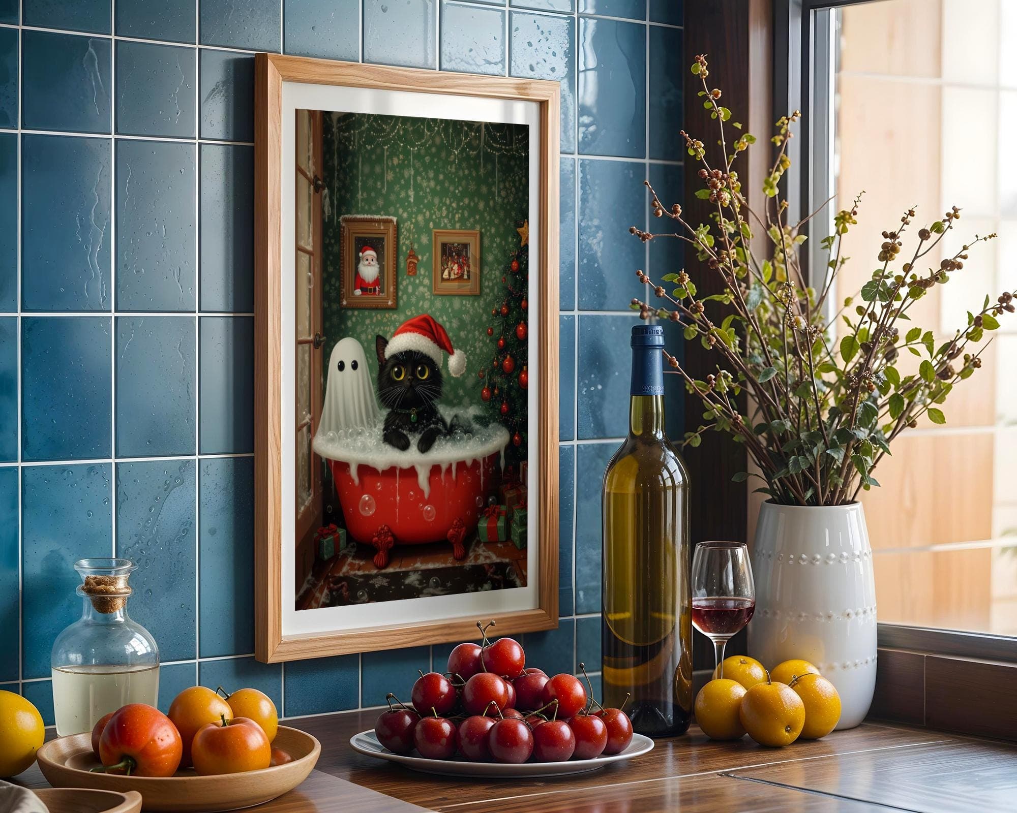 Ghost and Cat Christmas Bubblebath Poster, Spooky Cute Ghost Xmas Bath Art, Black Cat Print, Whimsigoth Holiday Decor, UNFRAMED, Cat Poster - view 5