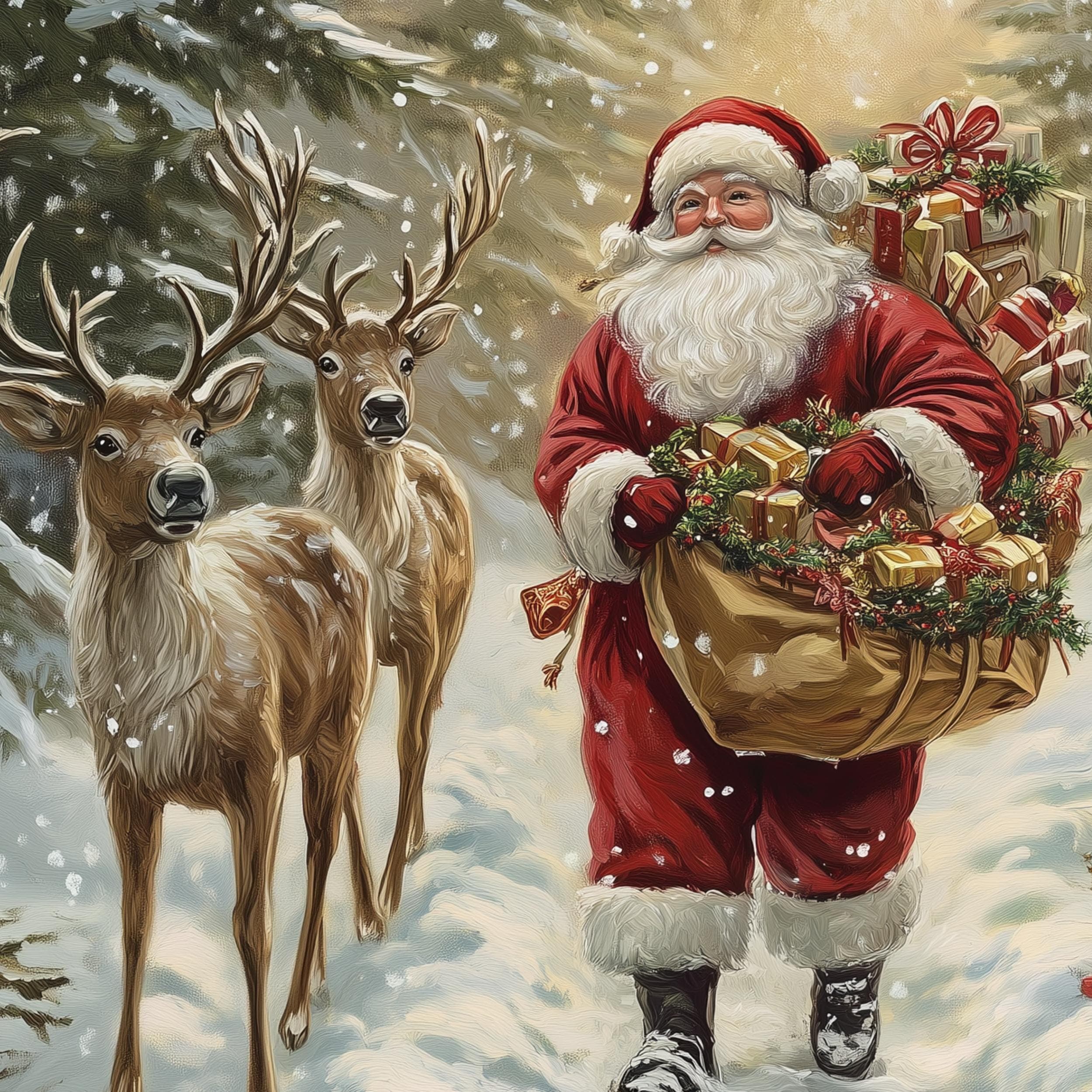 Santa Claus and Deer Painting - Rustic Holiday Wall Art for Christmas, Christmas Wall Art, Digital Download, Holiday Wall Decor, Santa Print - view 2