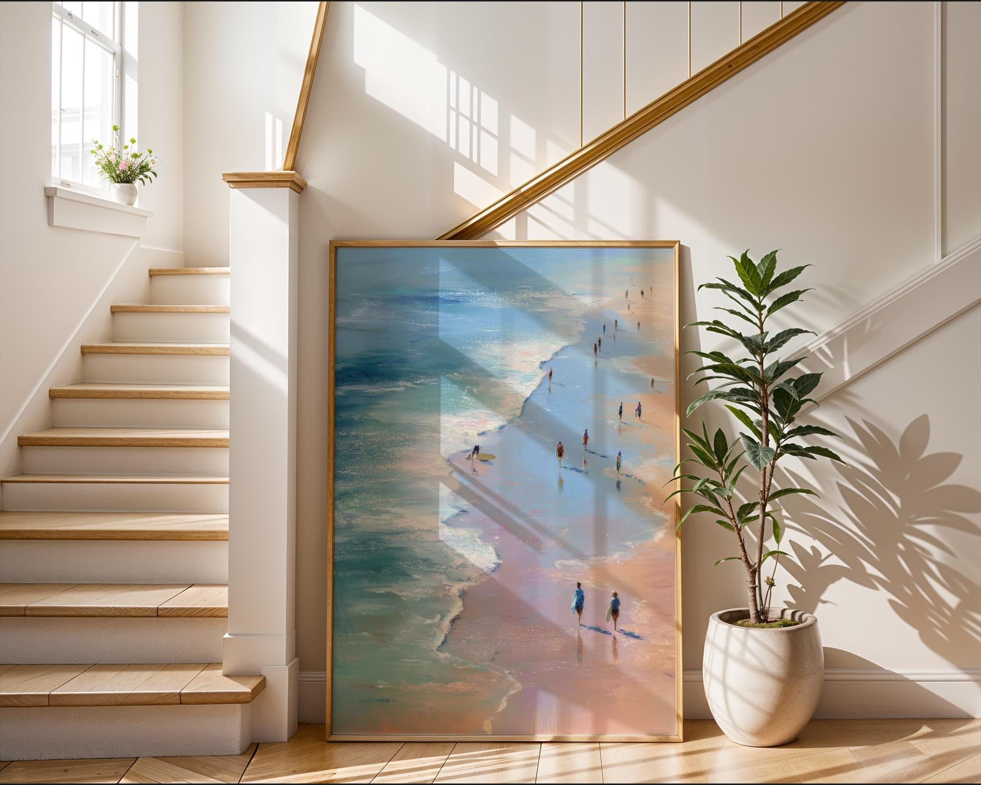 Beach Walk Painting Print – Coastal Wall Art with People, Ocean and Pastel Tones, Pastel Coastal Art Print, Minimalist Beach Painting - view 2