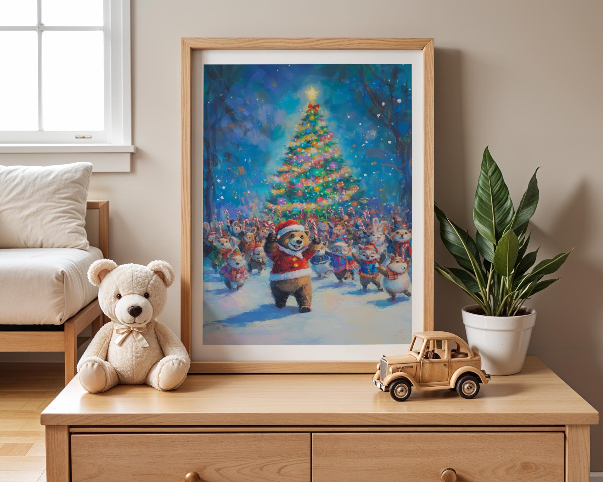 Cute Animal Christmas Parade Art, Christmas Wall Art with Bear & Forest Animals, Holiday Decor for Kids, Kids Room Decor, Festive Wall Art - view 7
