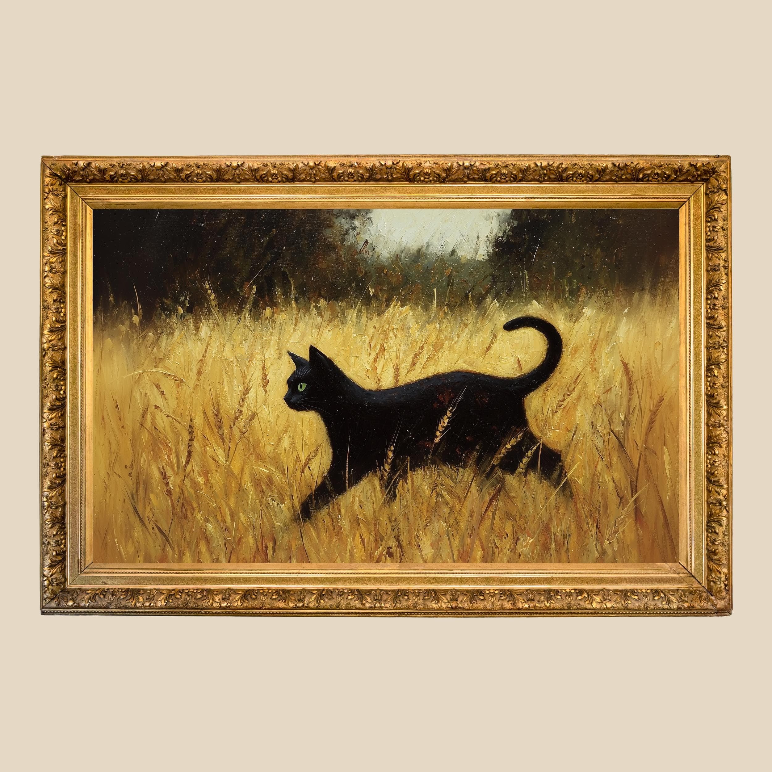 Black Cat Oil Painting Wall Art in Wheat Field, Yellow Gold Landscape, Green Eyes Cat Decor, Vintage Black Cat Wall Art, Vintage Black Cat - view 2