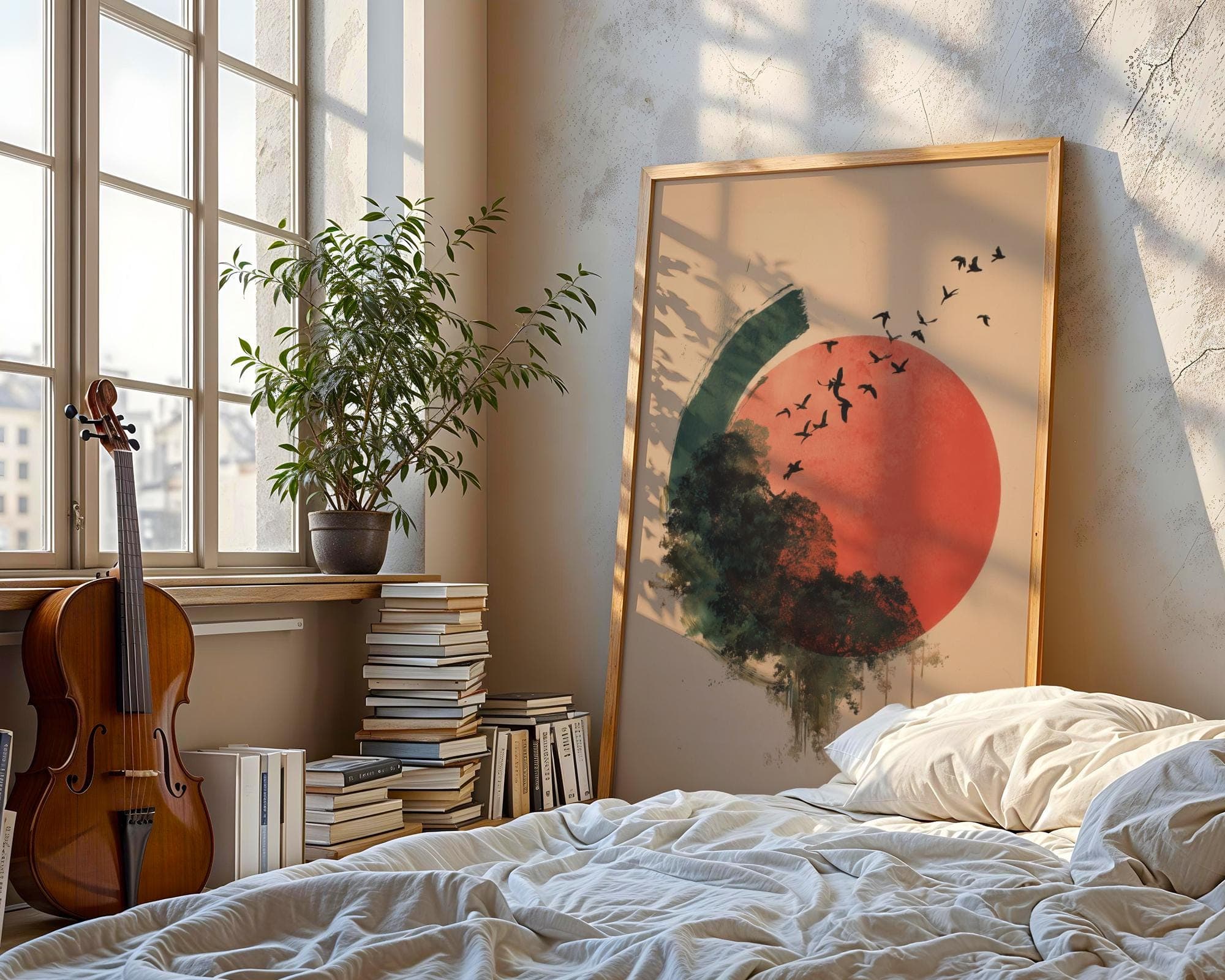 Minimalist Japandi Art Print, Red Sun, Birds, Trees (Digital Download) - view 3