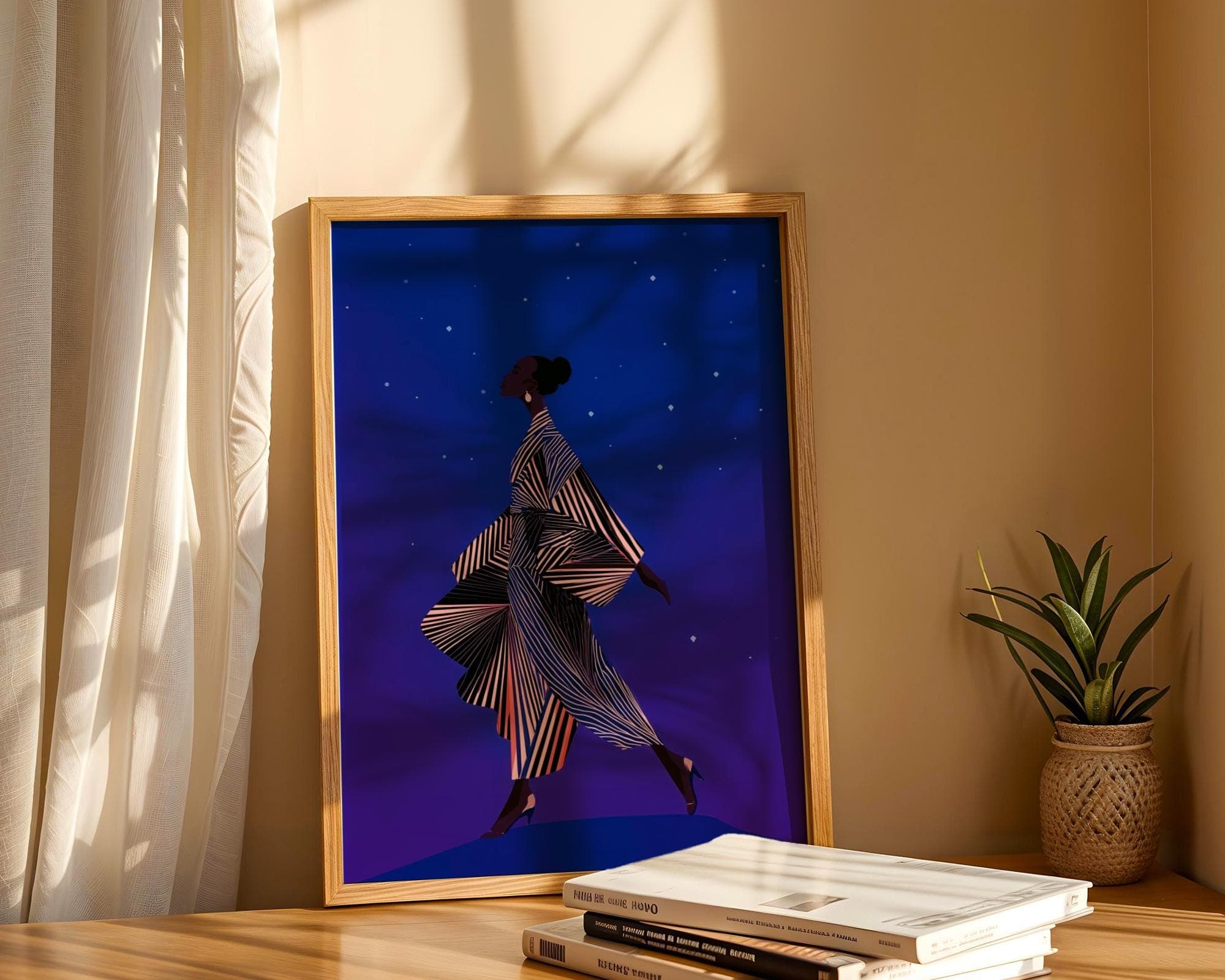 Modern African Woman Wall Art, Contemporary Minimalist Woman Art, Starry Night Fashion Wall Art, Minimalist Silhouette Wall Decor, Ethnic - view 7