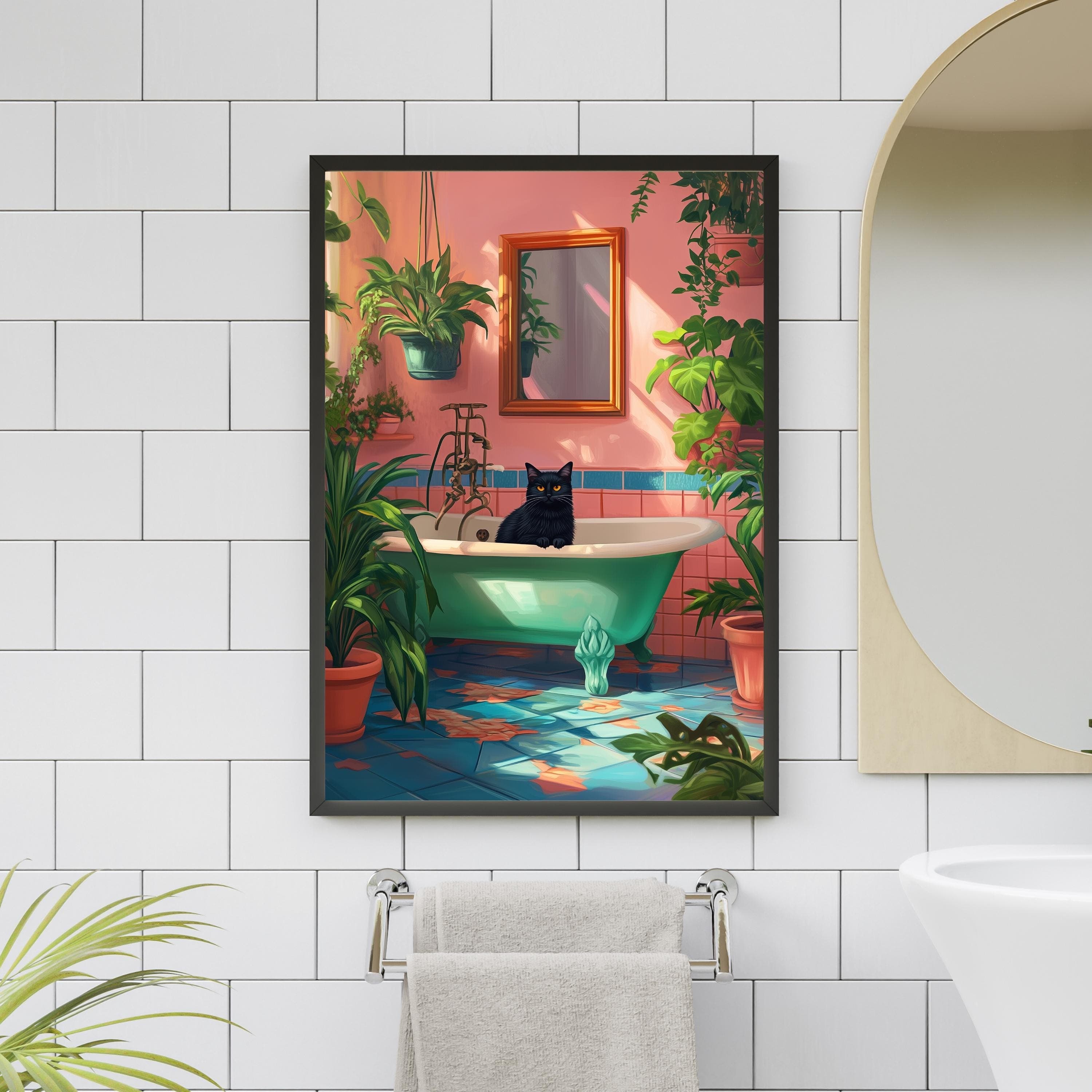 Bath Cat Print Funny, Purple Painting Poster, Animal Wall Art, Quirky Cat Decor, Bathtube Wall Art, Cat in Bathroom Art, Boho Bathroom Decor - view 4