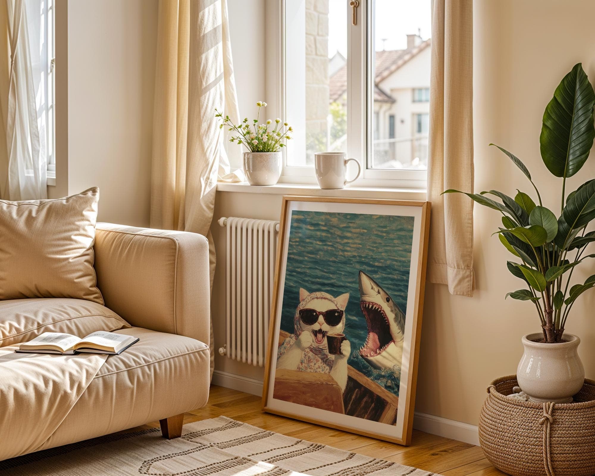 Funny Cat and Shark Wall Art, Funny Animal Art, Quirky Art Print, Quirky Cat Poster, Maximalist Cat Wall Art, Humorous Poster, Digital Art - view 3