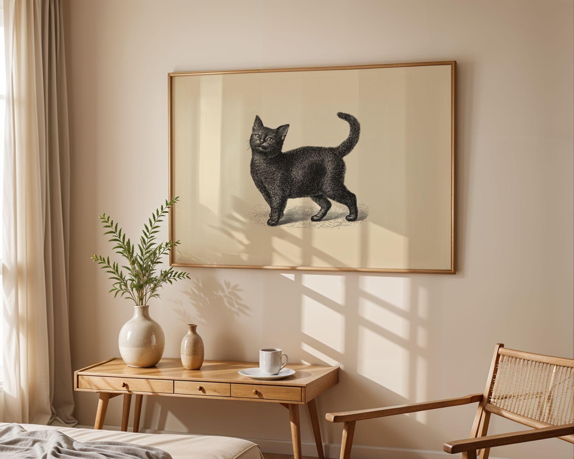 Black Cat Vintage Print, Neutral Home Decor, Beige Poster, Cat Lover Gift, Classic Cat Wall Poster, Classic Animal Art Poster, Digital Art - view 5