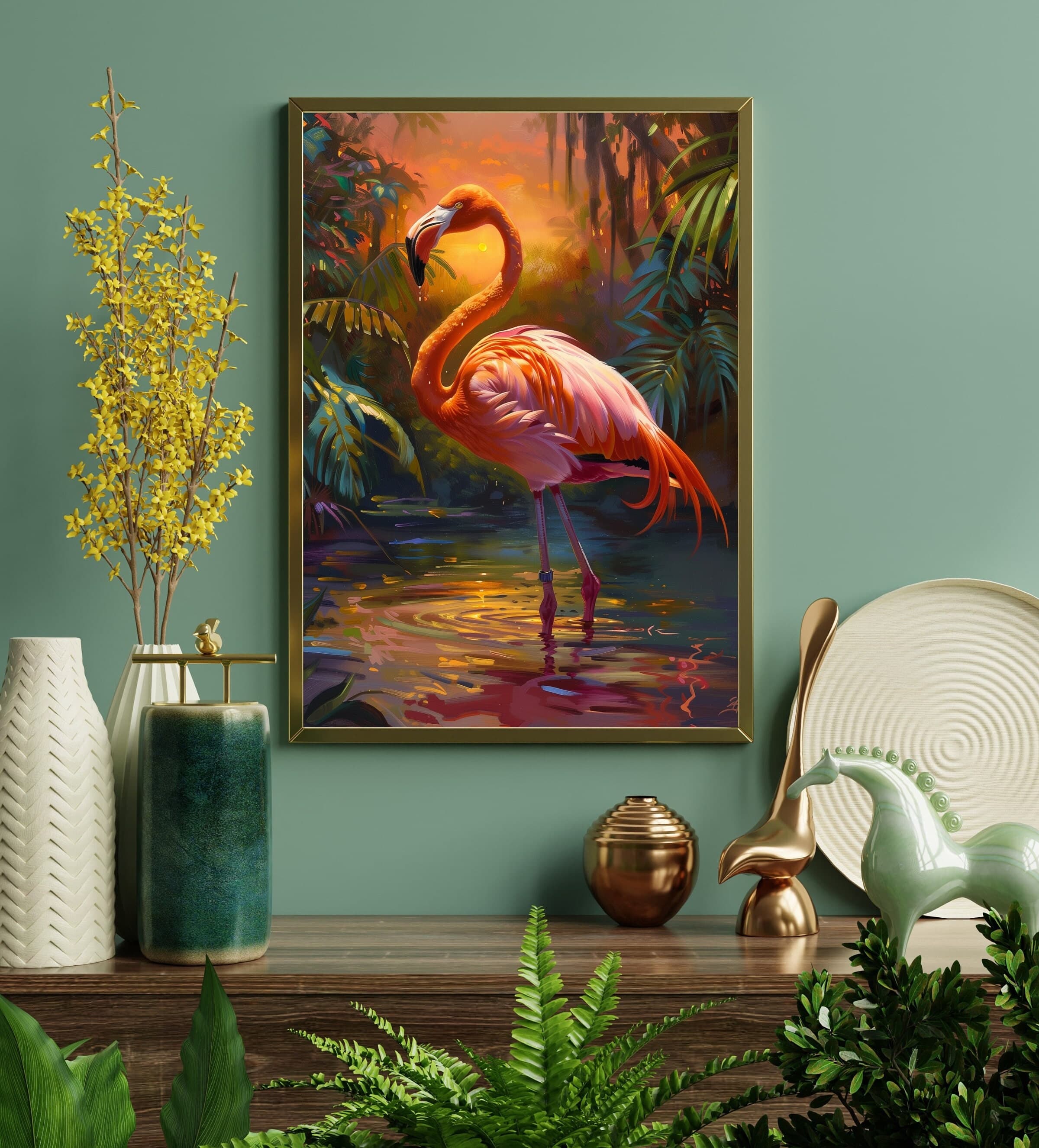 Flamingo Sunset Poster, Oil Painting, Printable Flamingo Wall Art, , Flamingo Print, Tropical Bird Sunset Print, Flamingo Digital Print - view 5