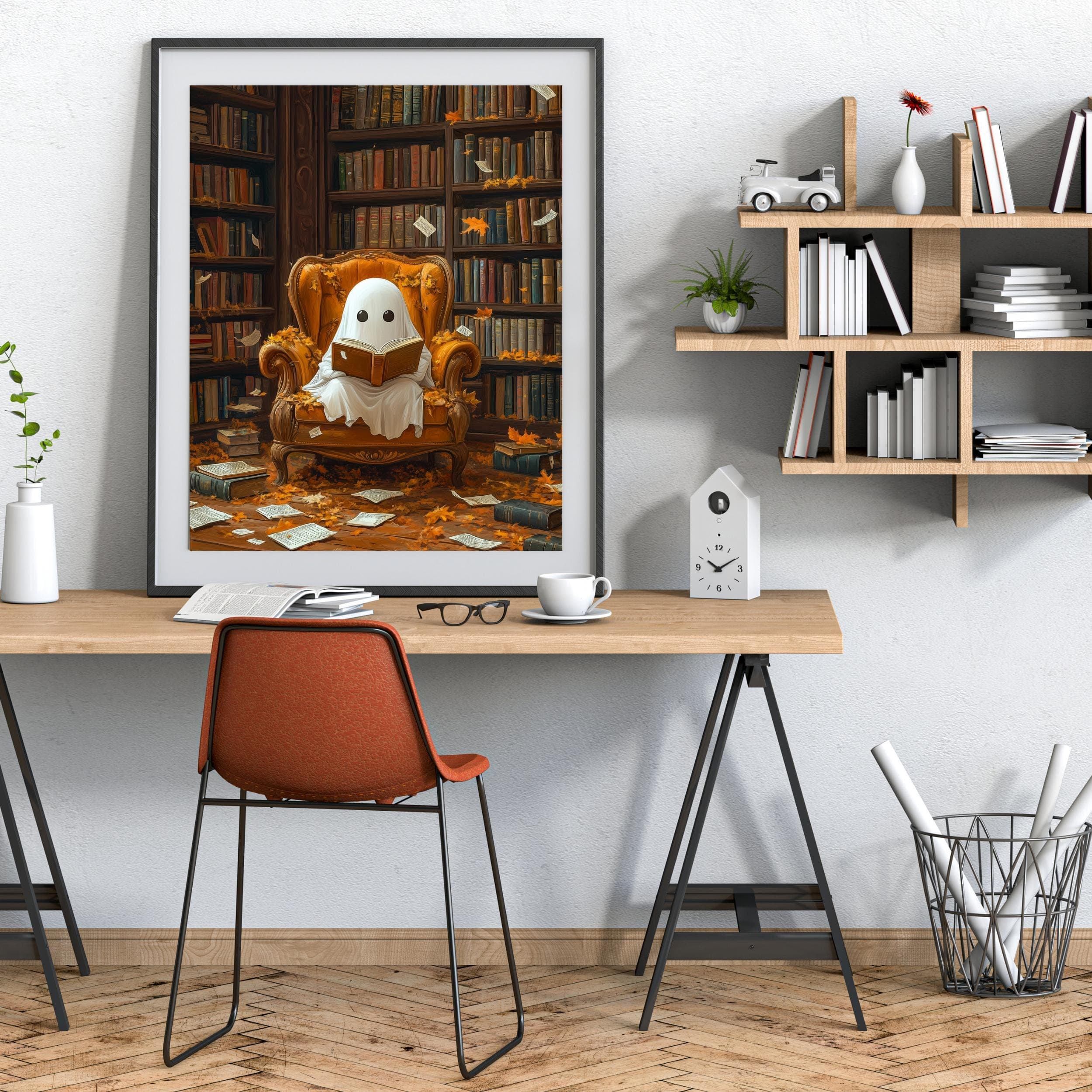 Cute Halloween Ghost Reading a Book, Whimsical Halloween ghost wall art, Spooky Cute Halloween ghost Print, Bookish art Book lover, Ghost - view 4