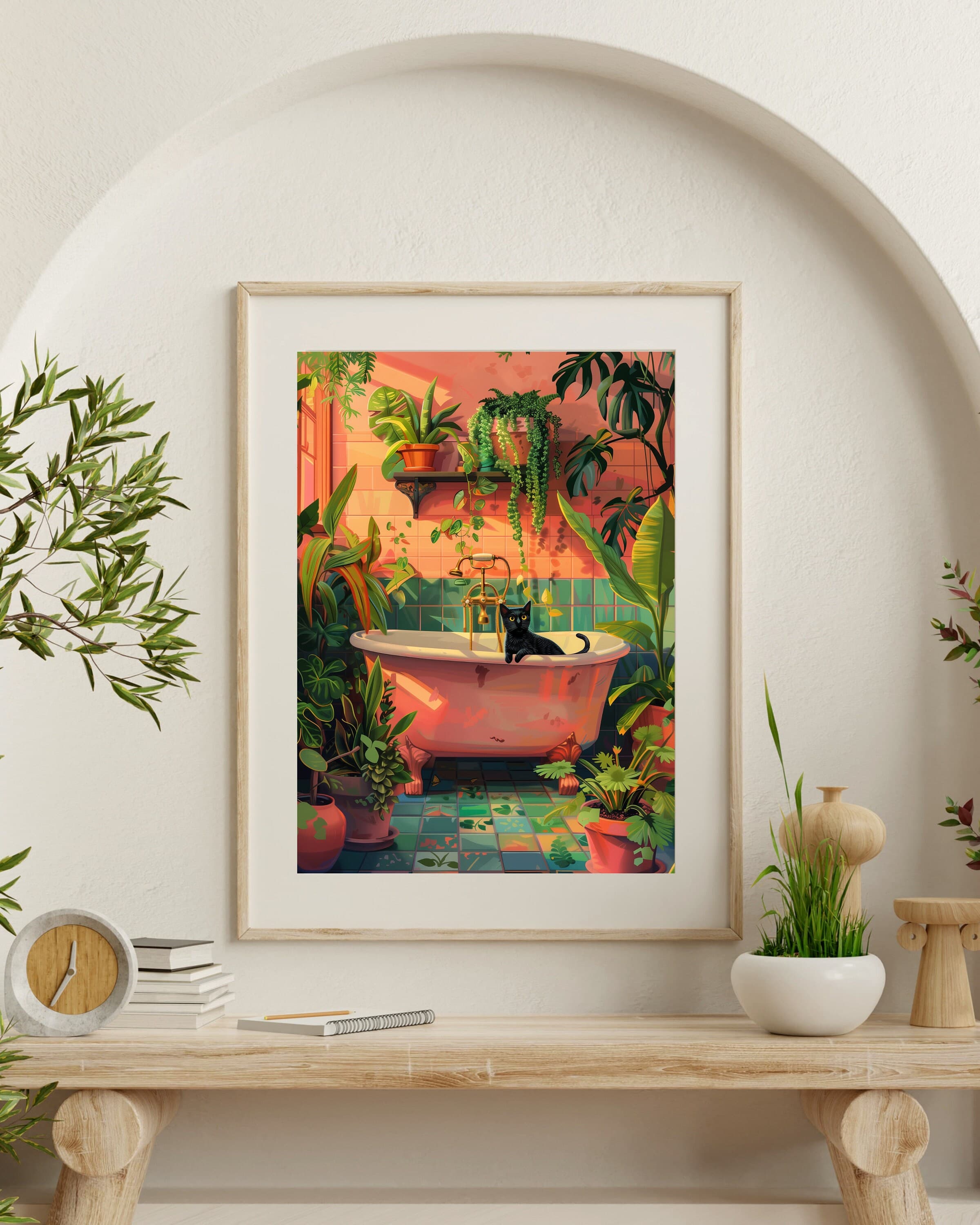 Black Cat in Bathtub Art Print, Tropical Bathroom Decor (Digital Download) - view 4