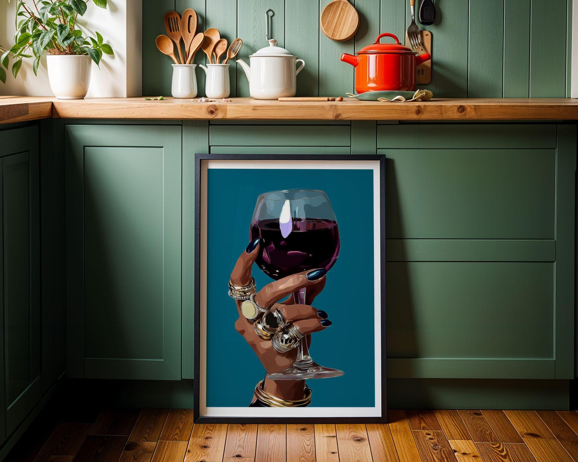 Stylish Woman Wine Art, Wine Printable, Stylish Bar Decor, Bar Cart Decor, Feminine Glam Print, Gold Jewelry Wall Art, Red Wine Glass Art - view 4