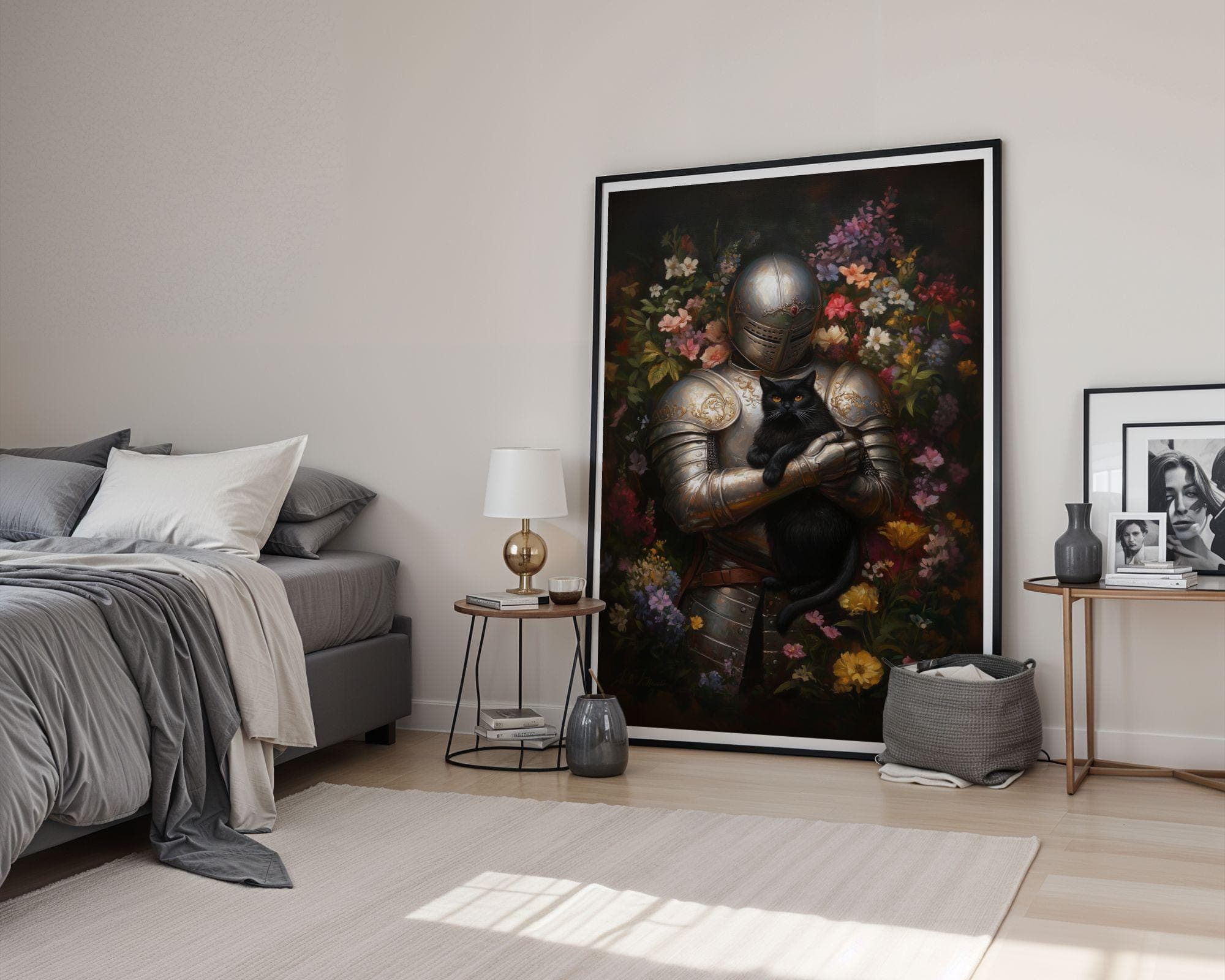 Medieval Knight and Black Cat Painting, Medieval Fantasy Painting, Fantasy Art, Whimsical Cat Decor, Digital, Maximalist, Floral Art Decor - view 6
