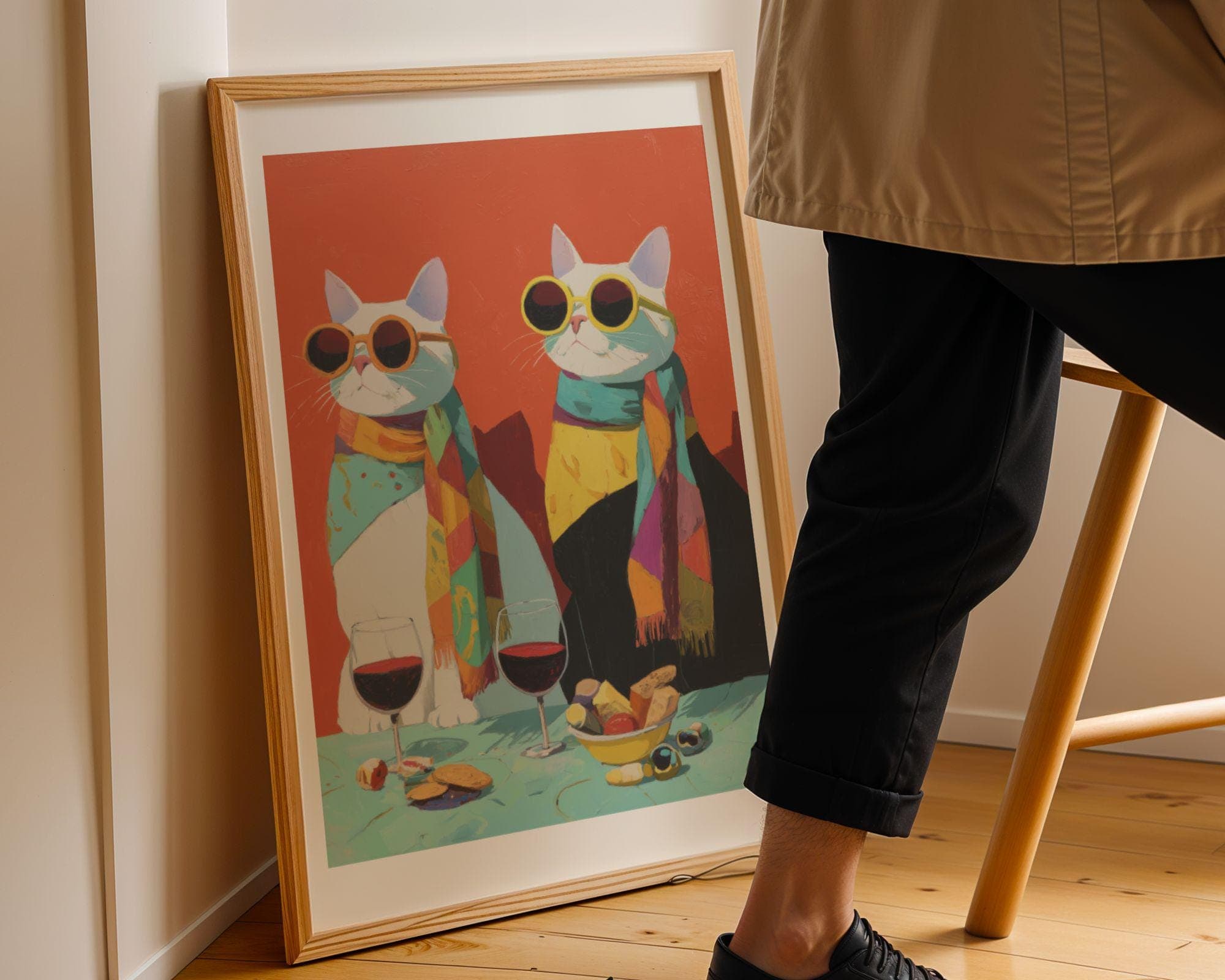 Funny Cat Couple Wine Wall Art, Modern Cat Couple Wall Decor, Quirky Cat Kitchen Wall Art, Funky Cats Kitchen Decor, Hipster Cats Wine Art - view 7
