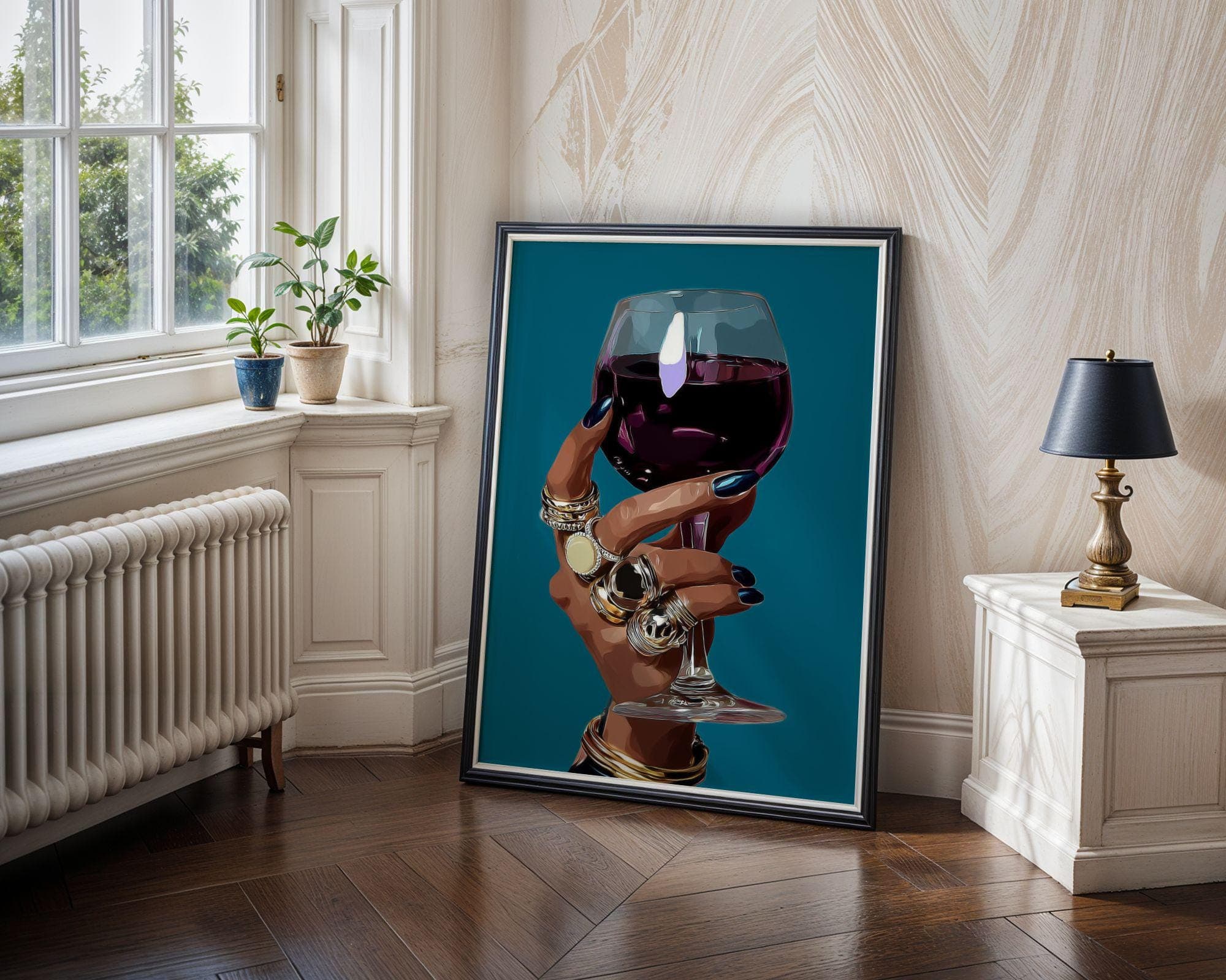 Stylish Woman Wine Art, Wine Printable, Stylish Bar Decor, Bar Cart Decor, Feminine Glam Print, Gold Jewelry Wall Art, Red Wine Glass Art - view 5