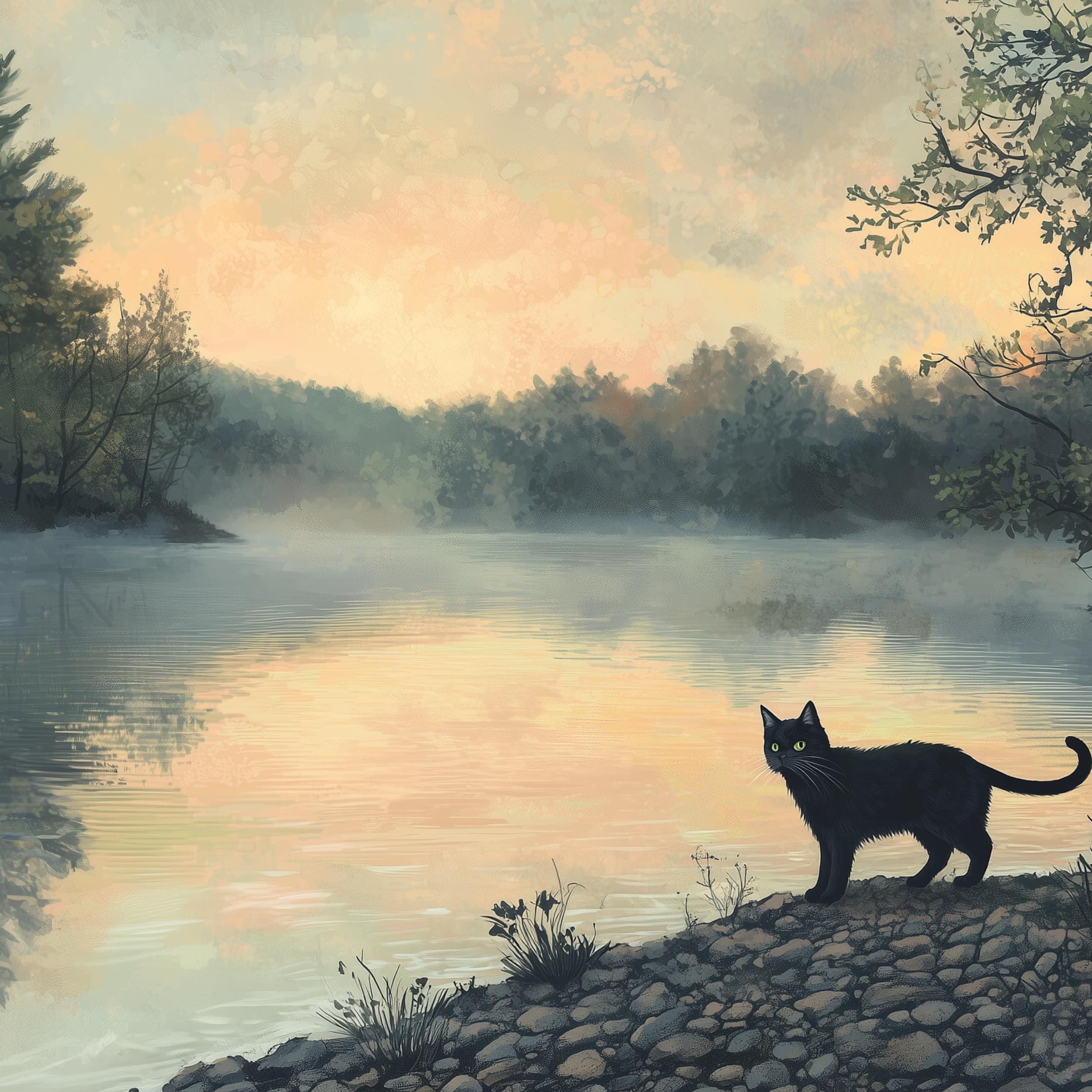 Whimsical Black Cat Art, Calming Landscape Wall Art, Digital Animal Wall Art, UNFRAMED, Black Cat Poster, Landscape Prints, Digital Cat Art - view 3