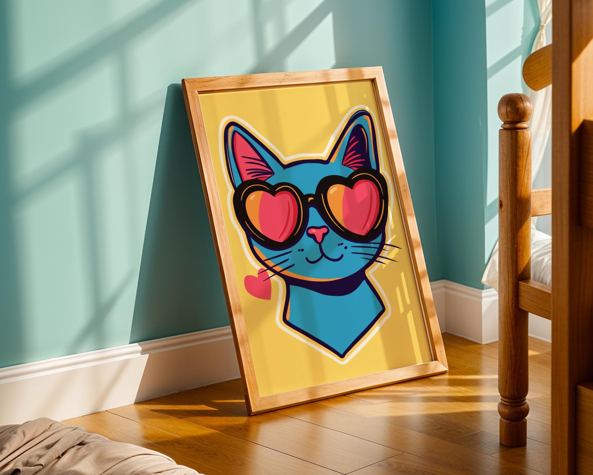 Retro Cat Wall Art, Blue Cat Pop Art, Quirky Cat Poster, Retro Aesthetic Wall Decor, Funky Retro Cat Poster, Digital Download, Quirky Art - view 2