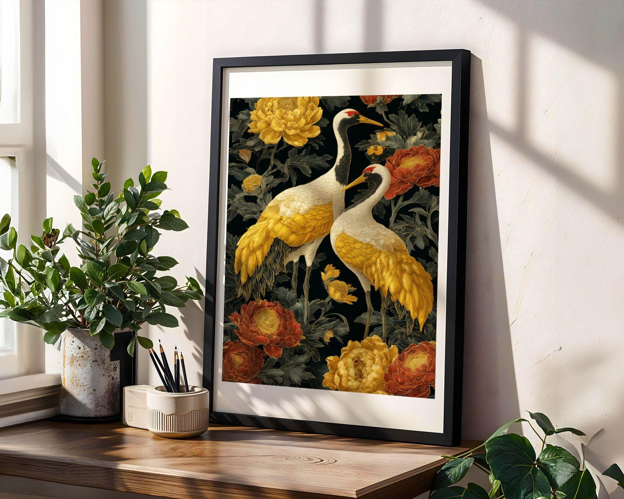 Gold Crane Wall Art Black Floral Painting, Japanese Crane Wall Art, Gold Bird Painting, Oriental Floral Artwork, Asian Decor Print - view 2
