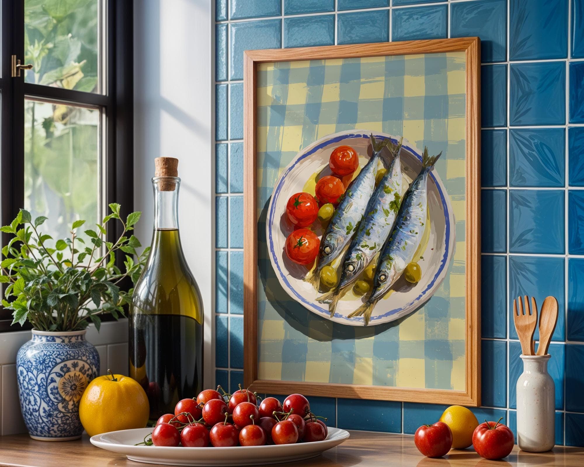 Mediterranean Sardine Plate Wall Art, Sardines Painting, Digital Download, Rustic Kitchen Wall Art, Sardines Kitchen Art, Sardines Art - view 2