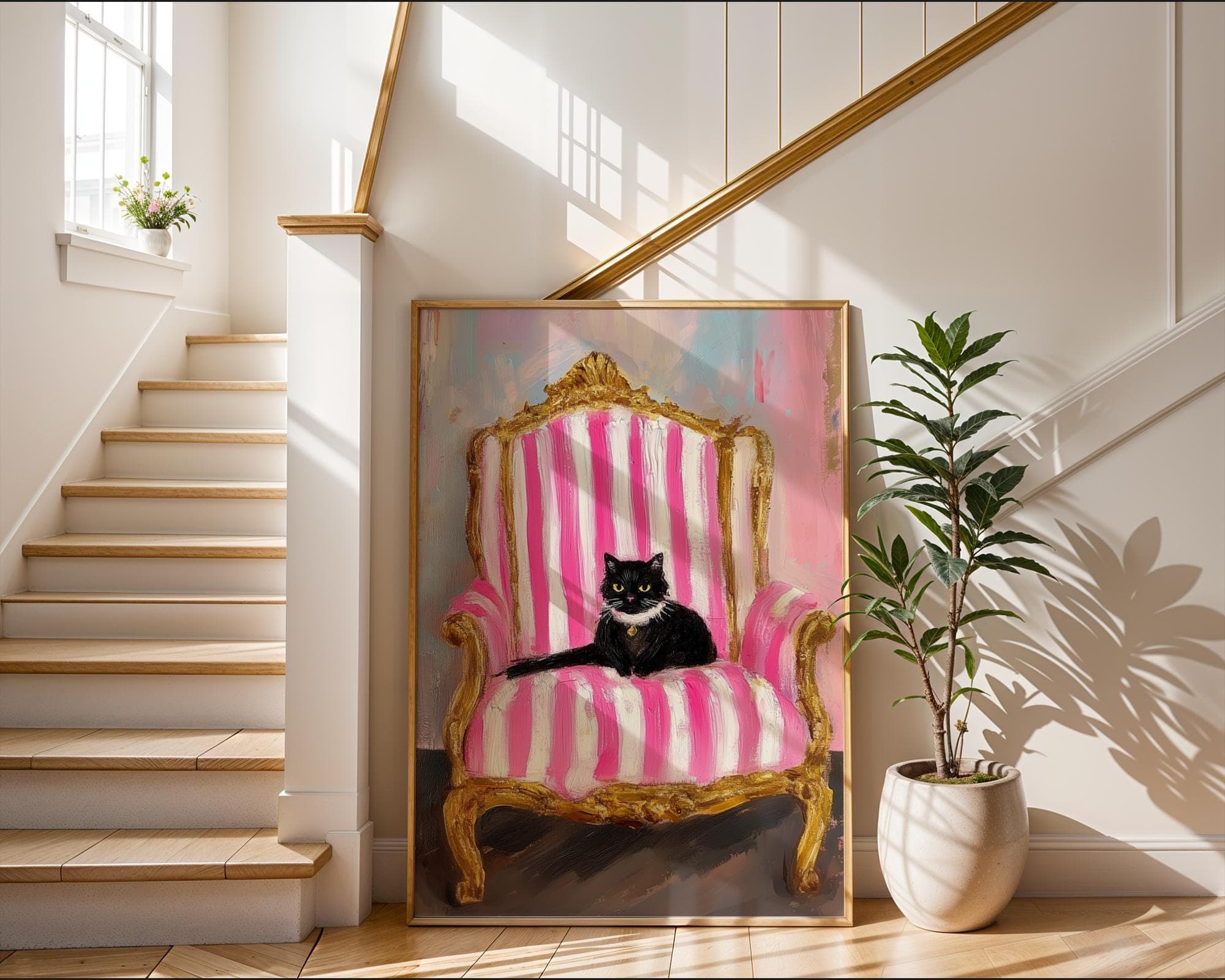 Black Cat on Pink Striped Chair, Pink Wall Art, Whimsical Cat Portrait, Quirky Wall Poster, Dopamine Wall Decor, Digital Download, Printable - view 2