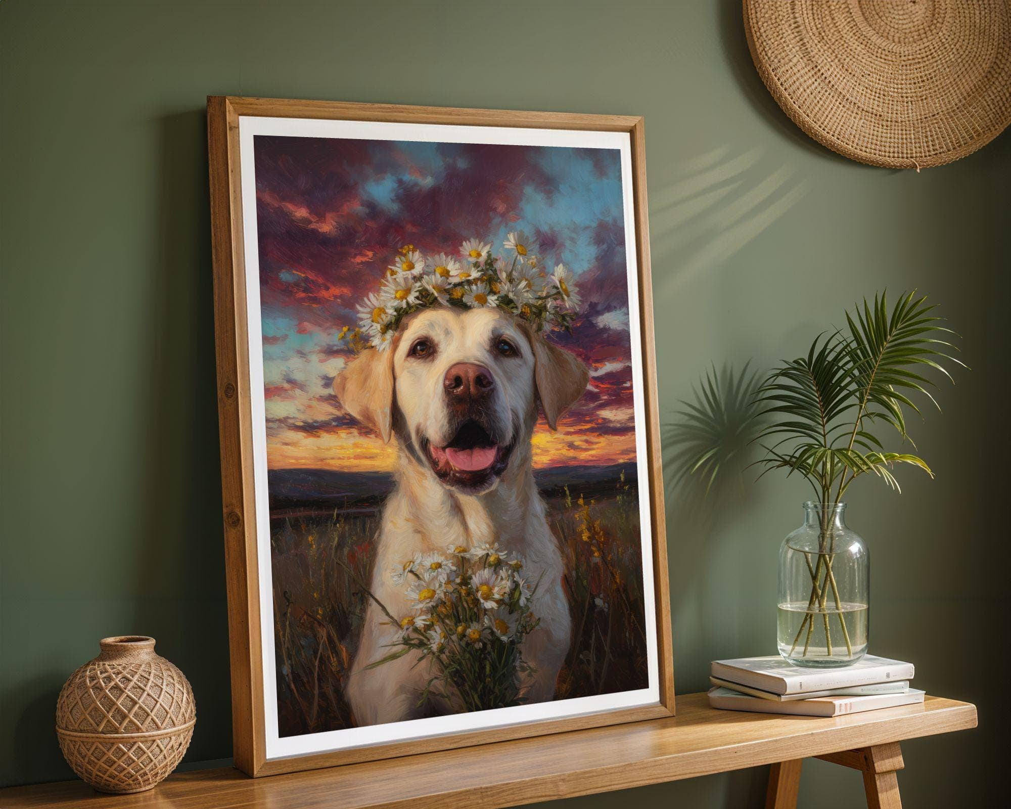 Labrador Wall Art Daisy Crown Dog Painting, Labrador Dog Wall Art Print, Floral Dog Painting, Yellow Lab Portrait, Sunset Field Art - view 4