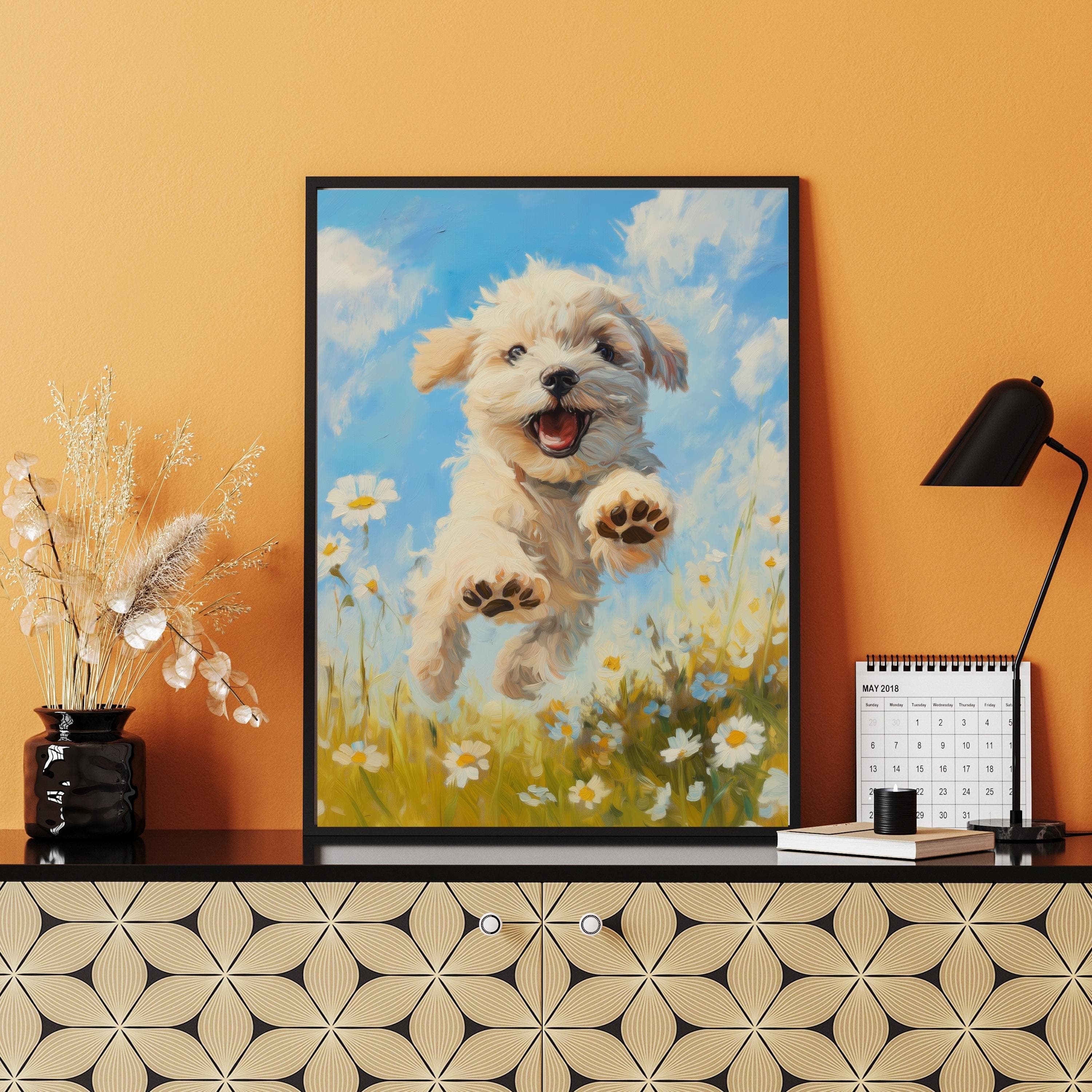 Colorful Puppy Wall Art, Colorful Dog Print, Oil Painting, Playful Dog Art Print, Nursery Wall Decor, Cute Dog Wall Art, Preppy Room Decor - view 5
