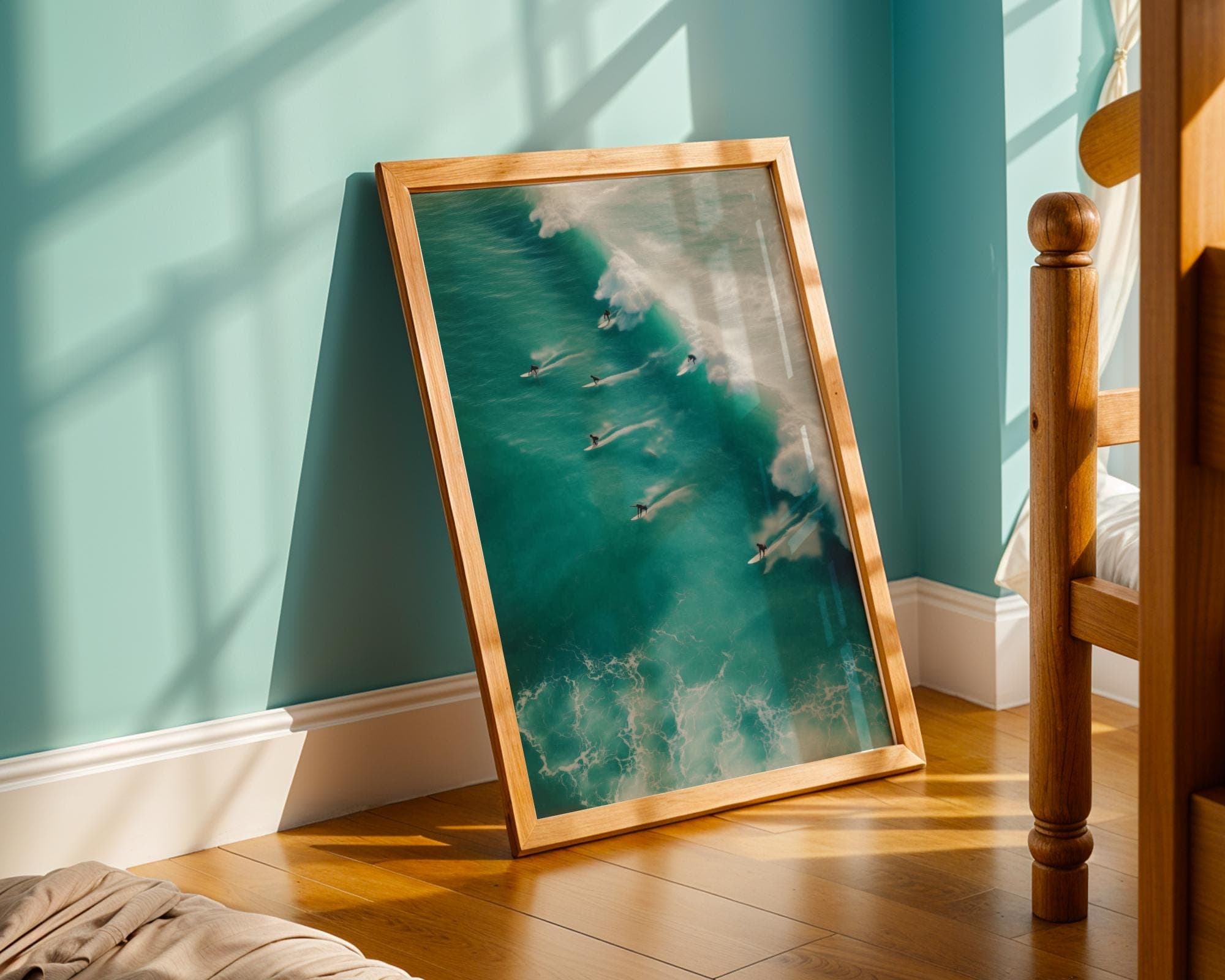 Sage Green Tiny Surfer Wall Art Print, Retro Sun Beach House Decor, Aerial Photo Surfboard, Tiny People Swimming, College Apartment Print - view 2
