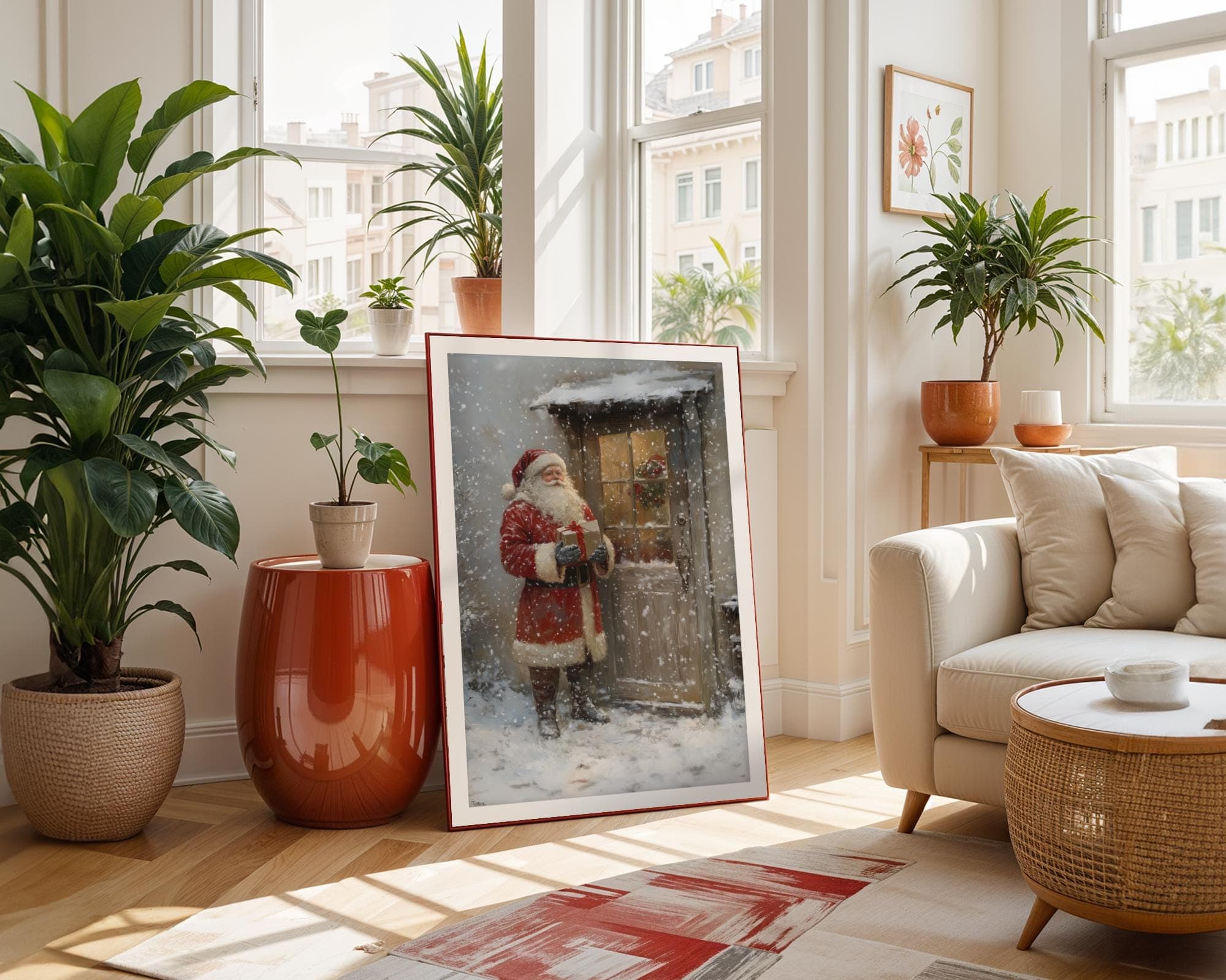 Santa with Gift at Door Art, Cozy Holiday Wall Canvas for Christmas, Rustic Santa Wall Art, Traditional Santa Claus Art, Digital Download - view 6