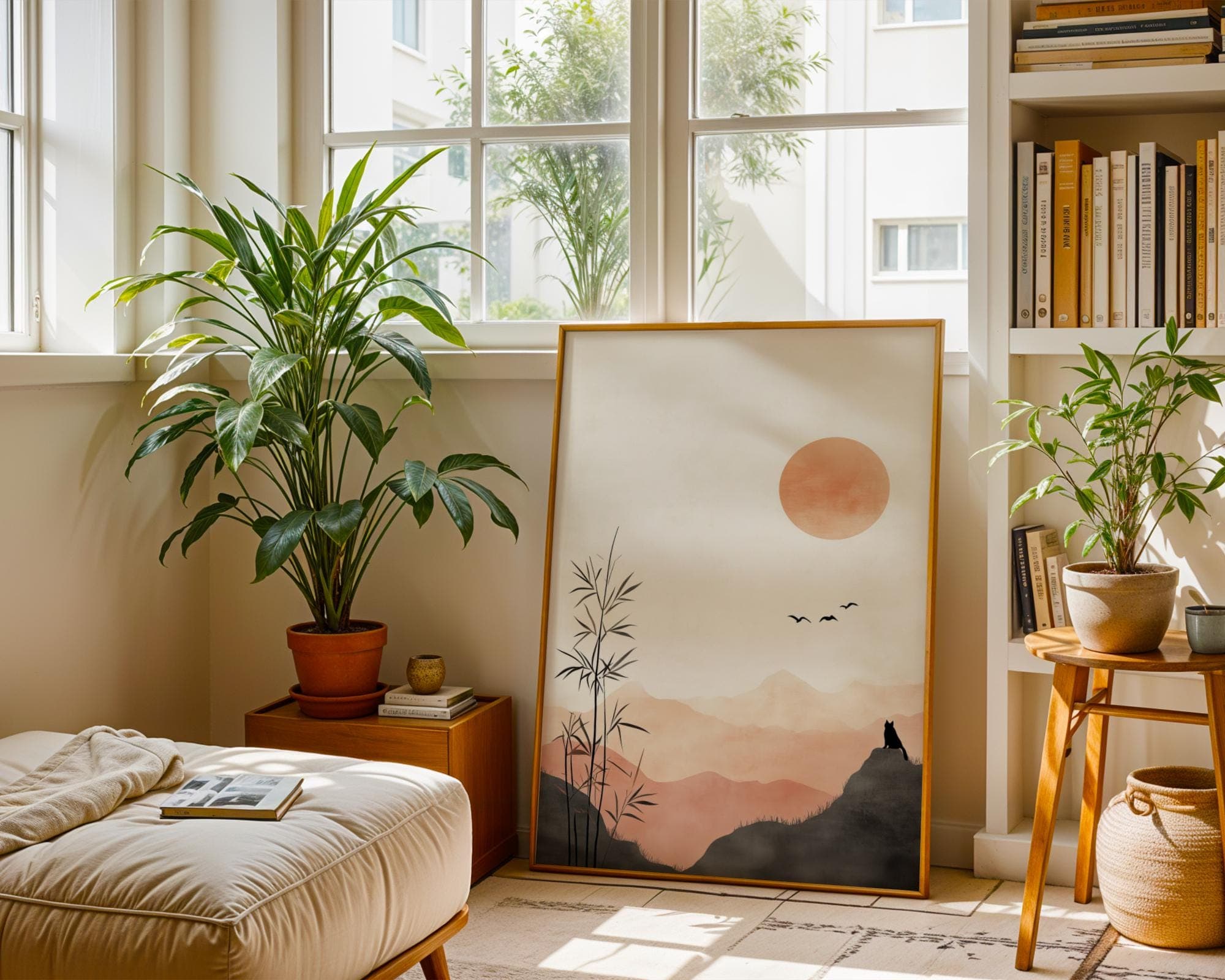 Minimalist Japanese Sunset Wall Art, Bamboo and Cat Silhouette Wall Decor, Wabi Sabi Wall Art, Japandi Digital Wall Art, Zen Wall Art - view 6